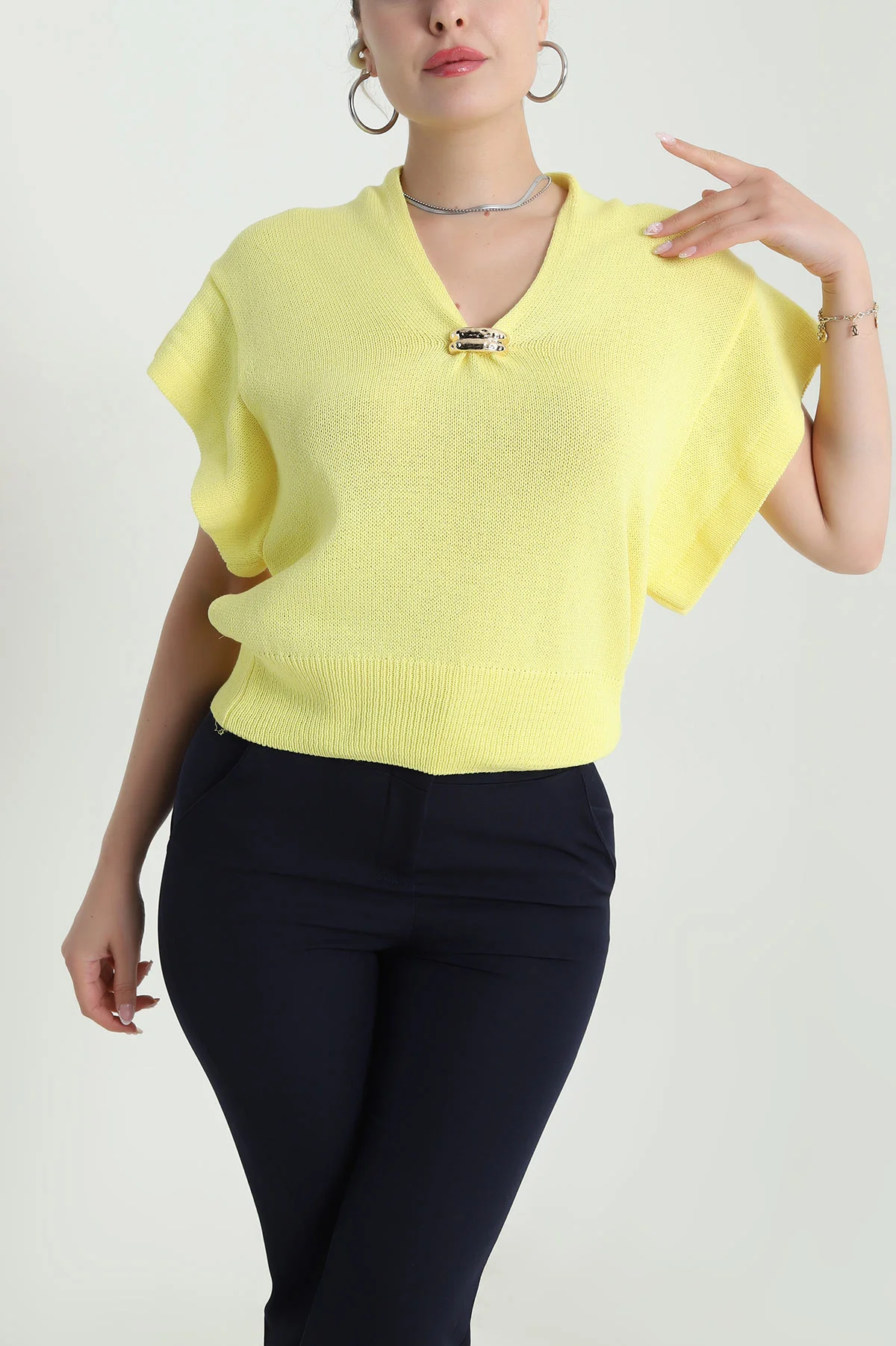 Sarı Tokalı Triko Kadın Bluz 477613