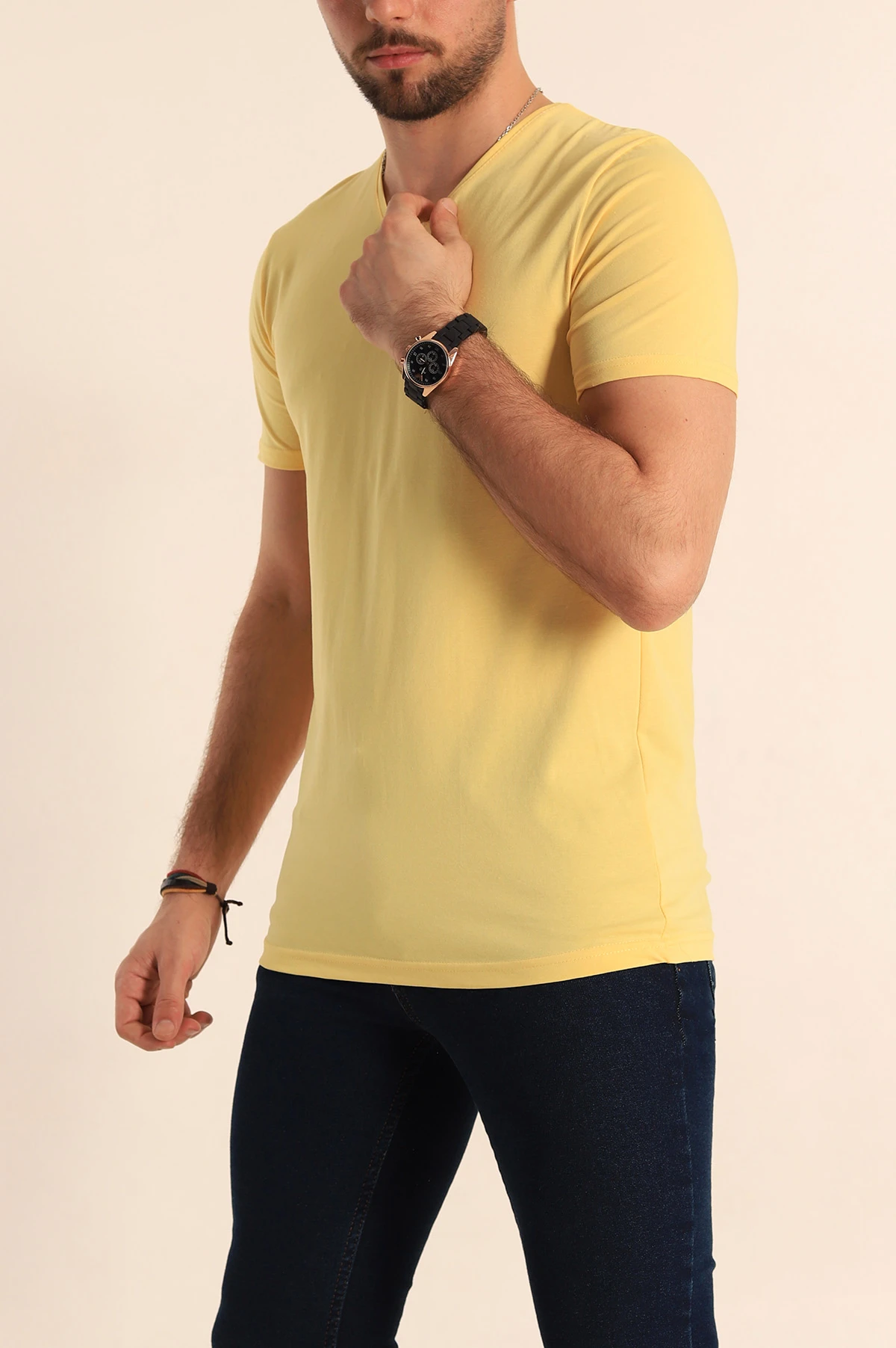 Sarı V Yaka Basic Erkek Tişört 181372