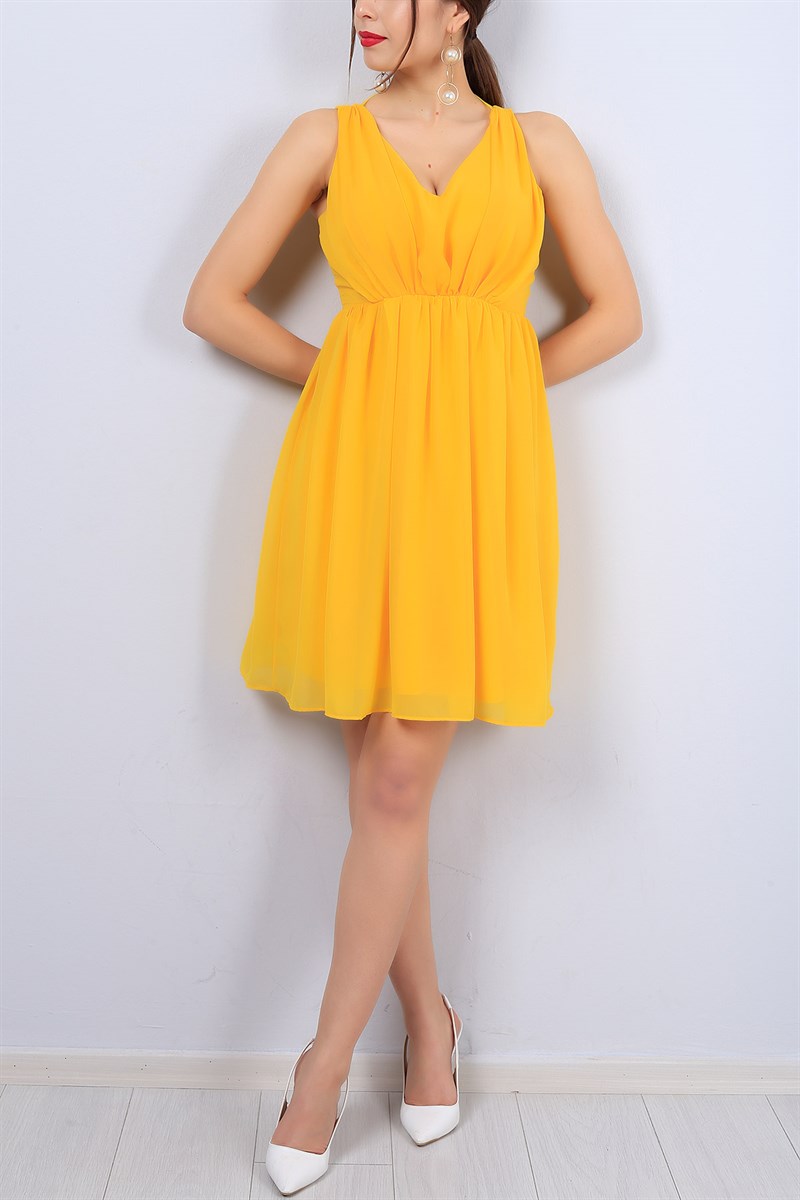 Sarı V Yaka Bayan Şifon Elbise 12599B