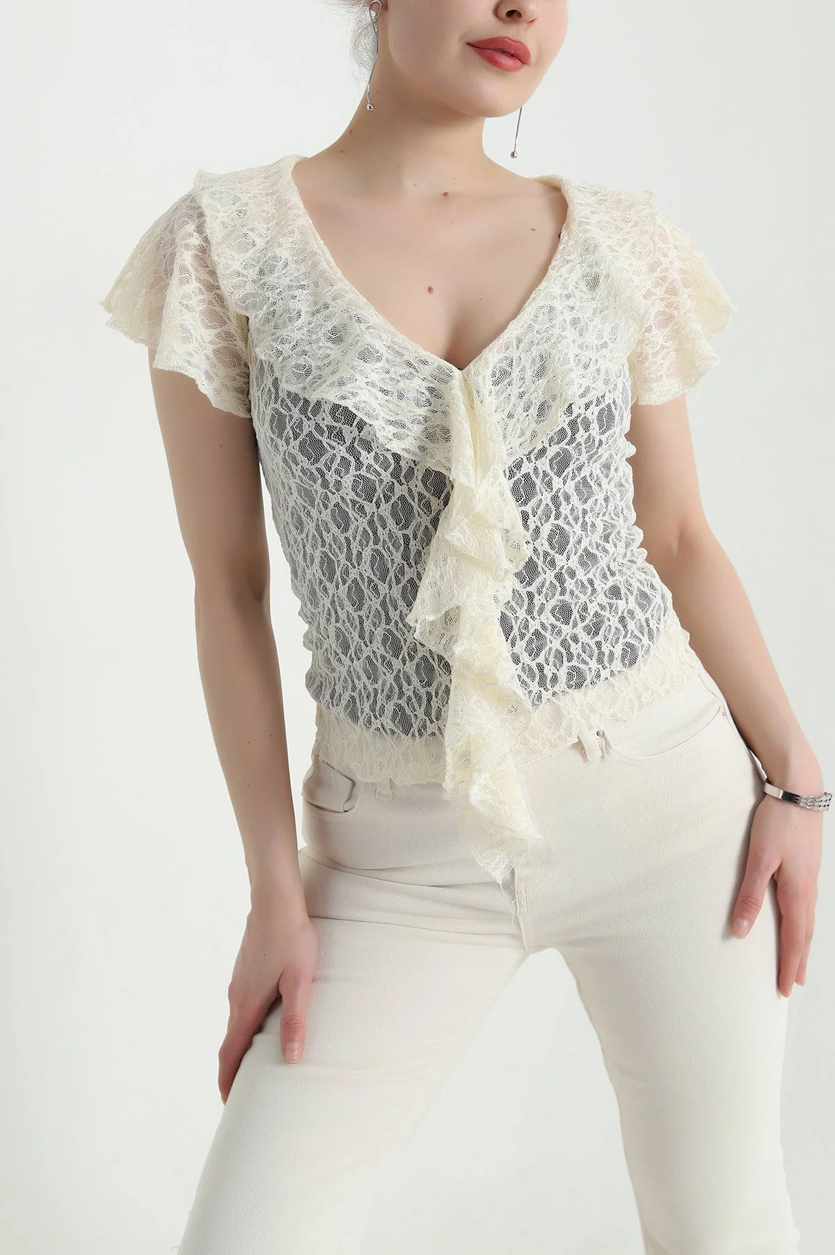 Sarı V Yaka Dantelli Tül Bluz 454061