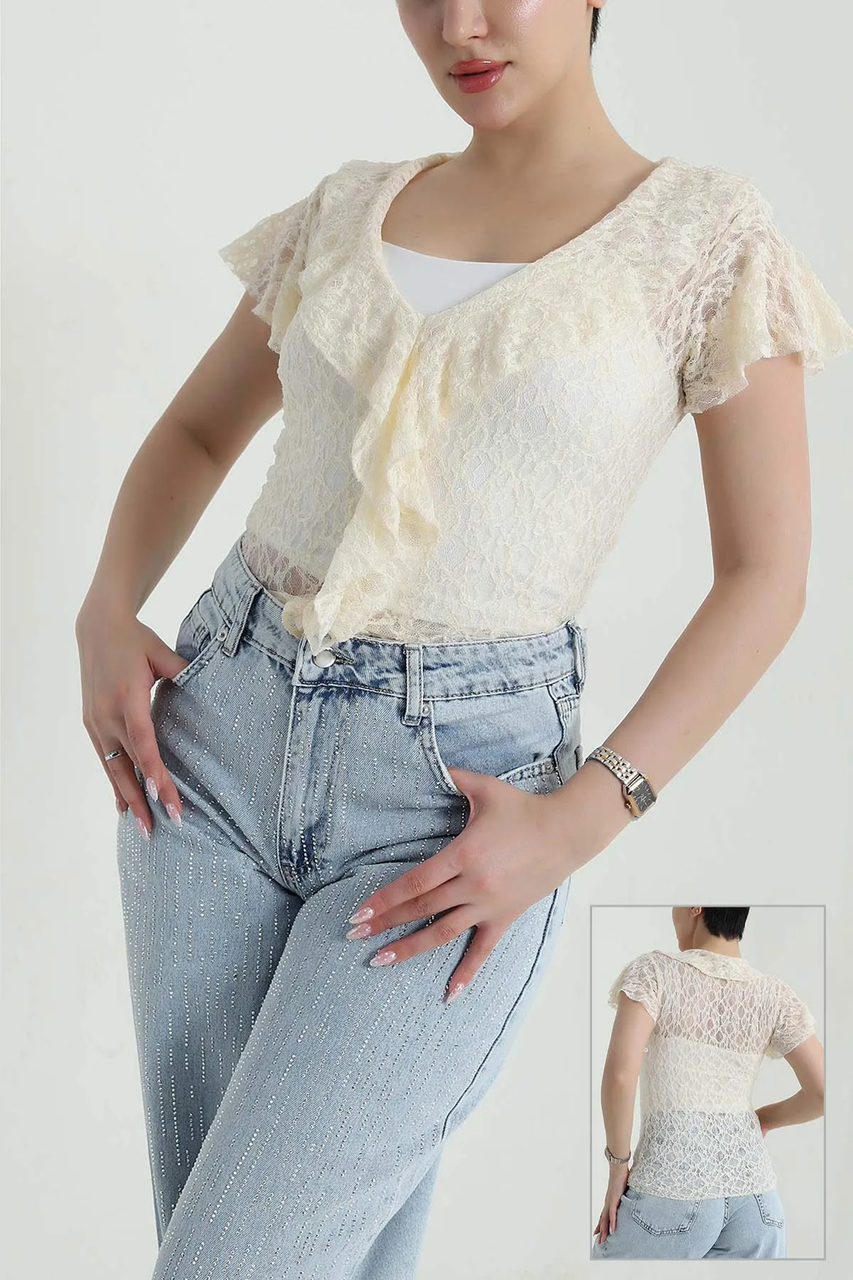 Sarı V Yaka Dantelli Tül Bluz 458351