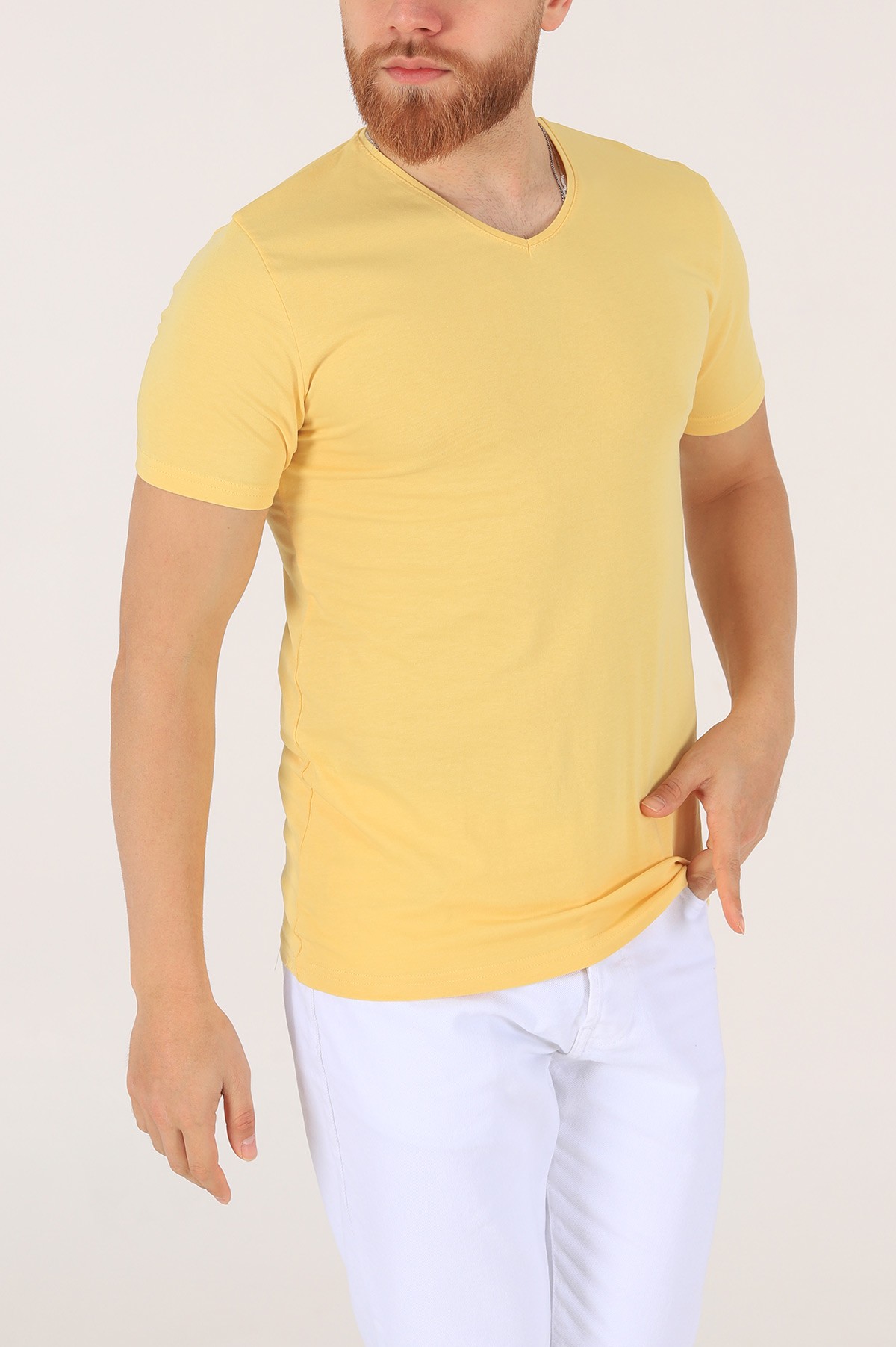 Sarı V Yaka Basic Erkek Tişört 172978