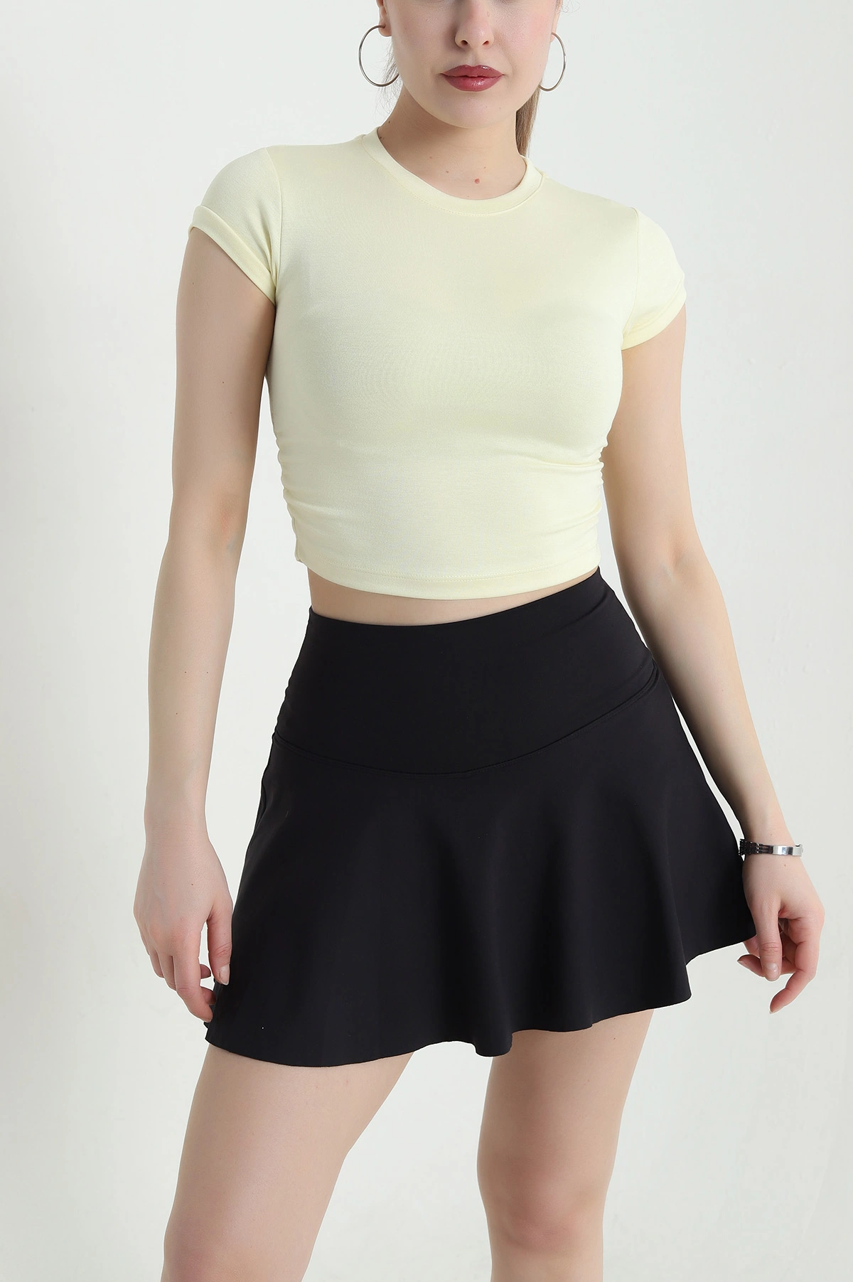 Sarı Yanları Büzgülü Buzzy Kadın Crop 440369