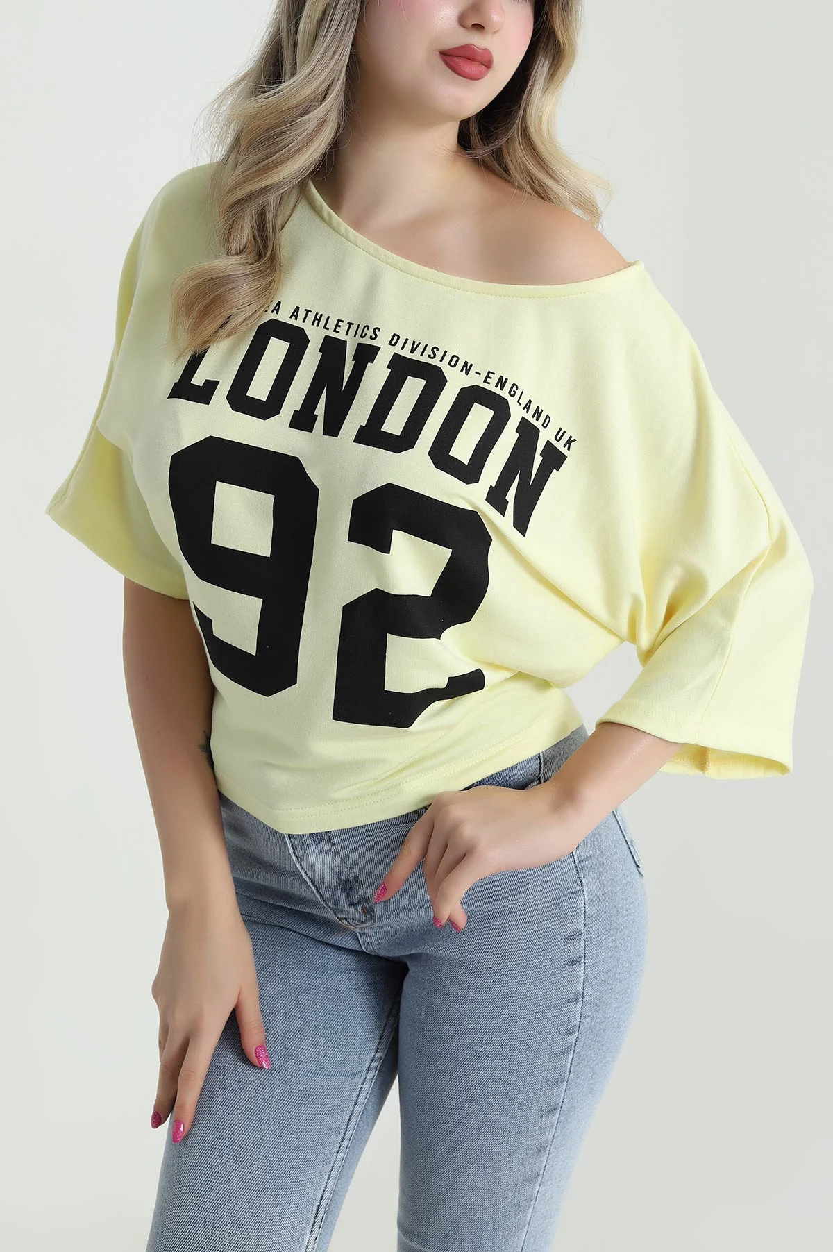 Sarı Yarasa Kol Baskılı Kadın Kristal Bluz 483245