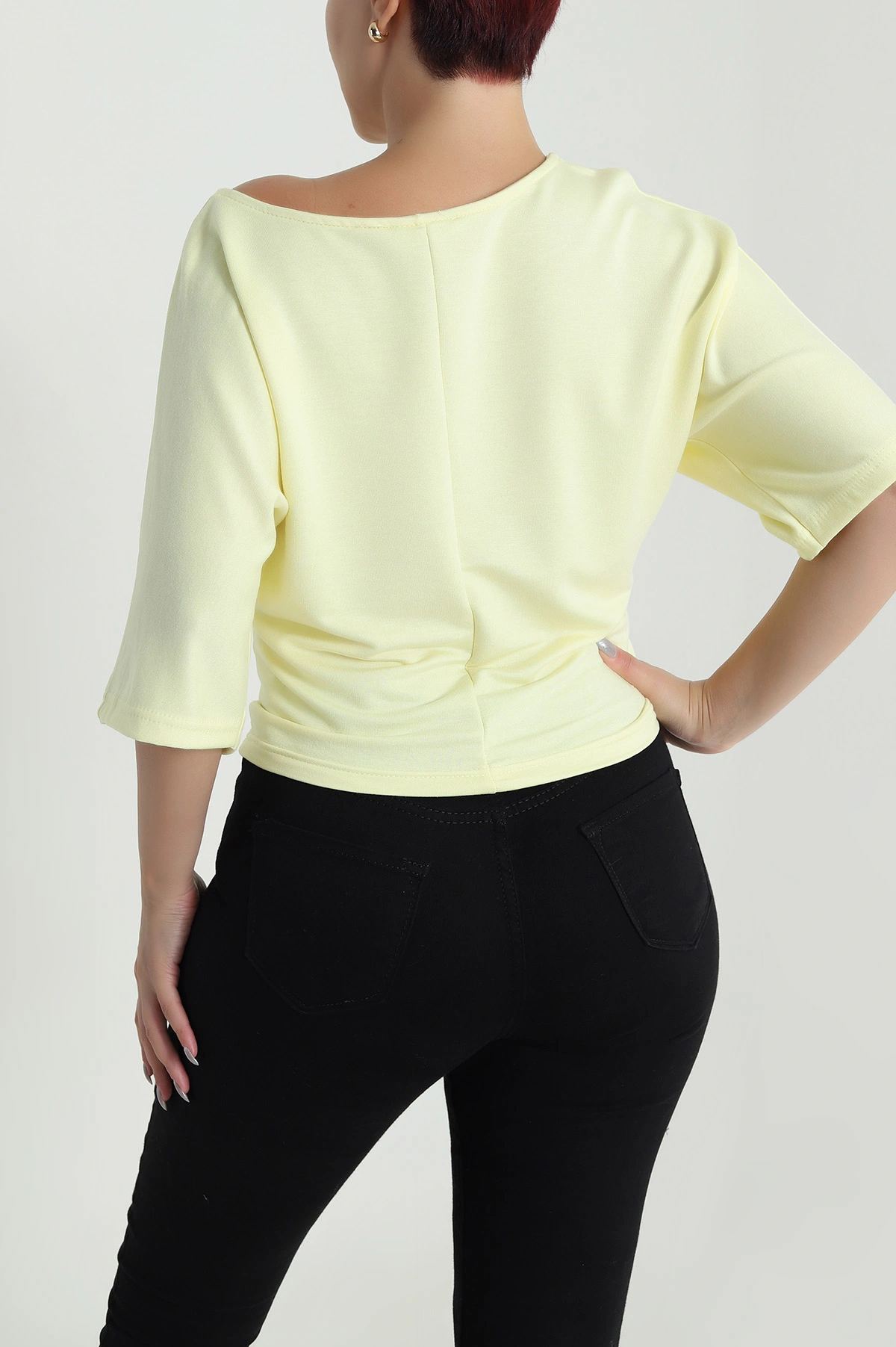 Sarı Yarasa Kol Baskılı Kadın Kristal Bluz 483256