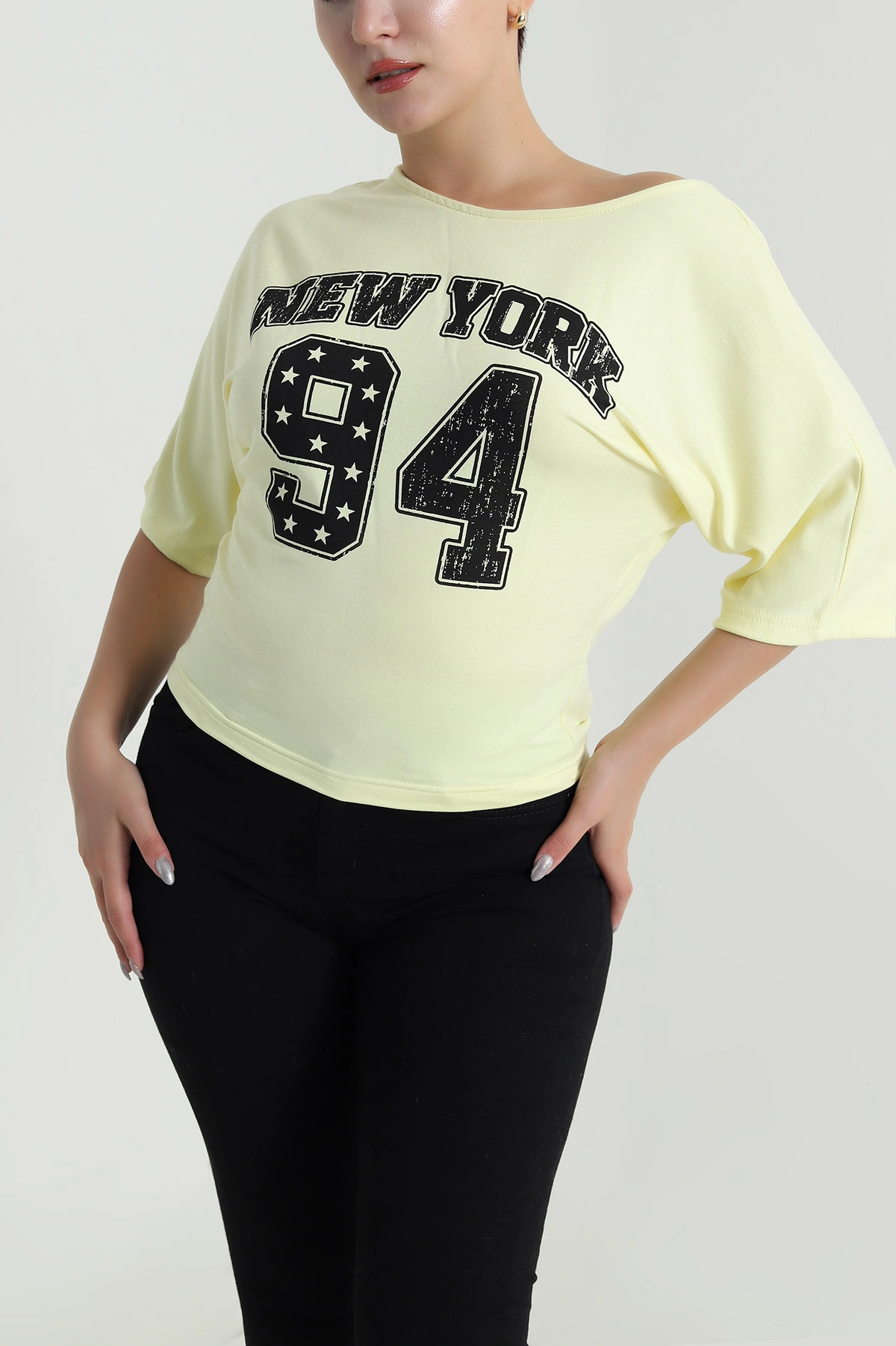 Sarı Yarasa Kol Baskılı Kadın Kristal Bluz 483256