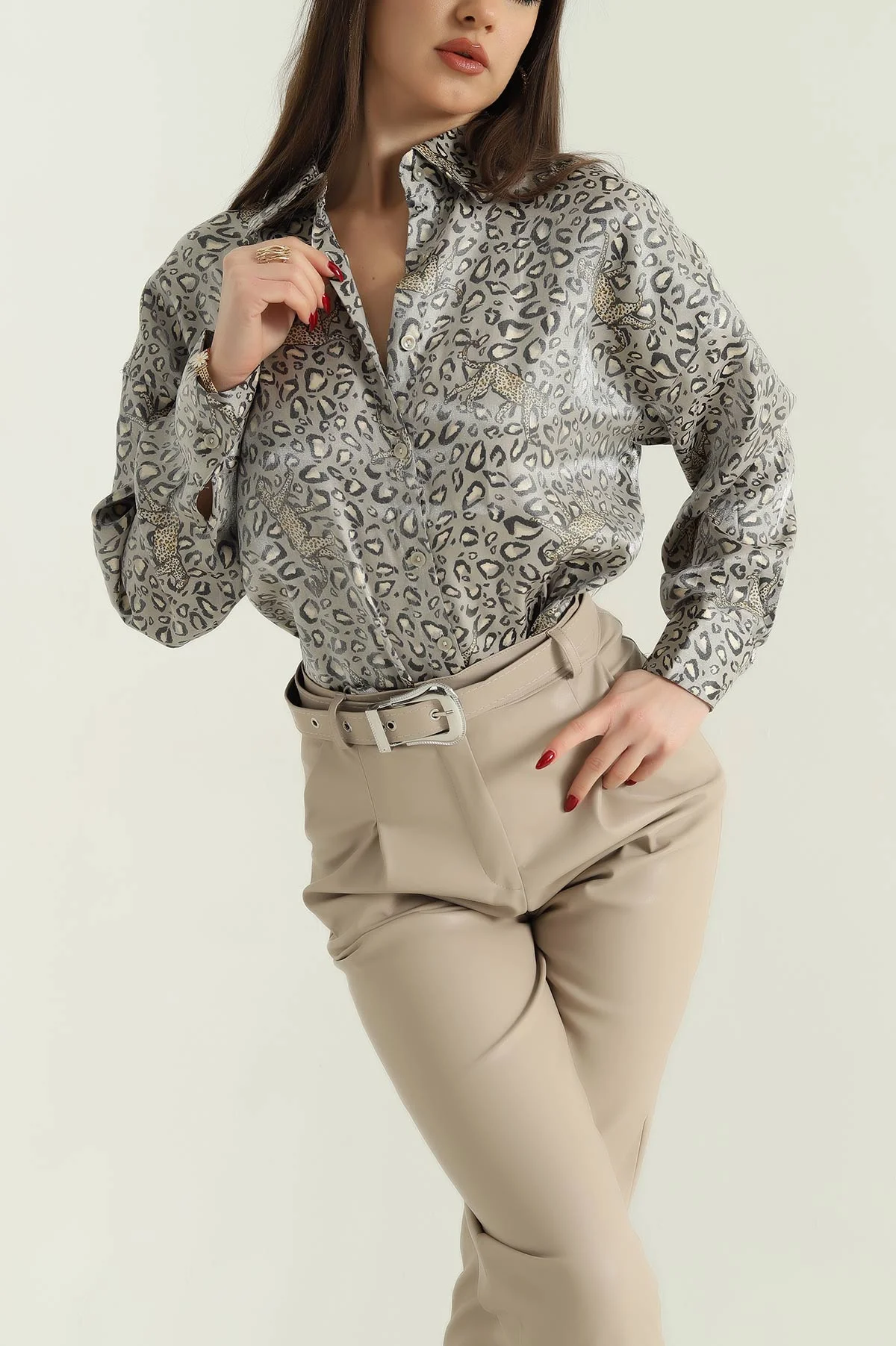 Saten Leopar Desenli Bayan Gömlek 333982