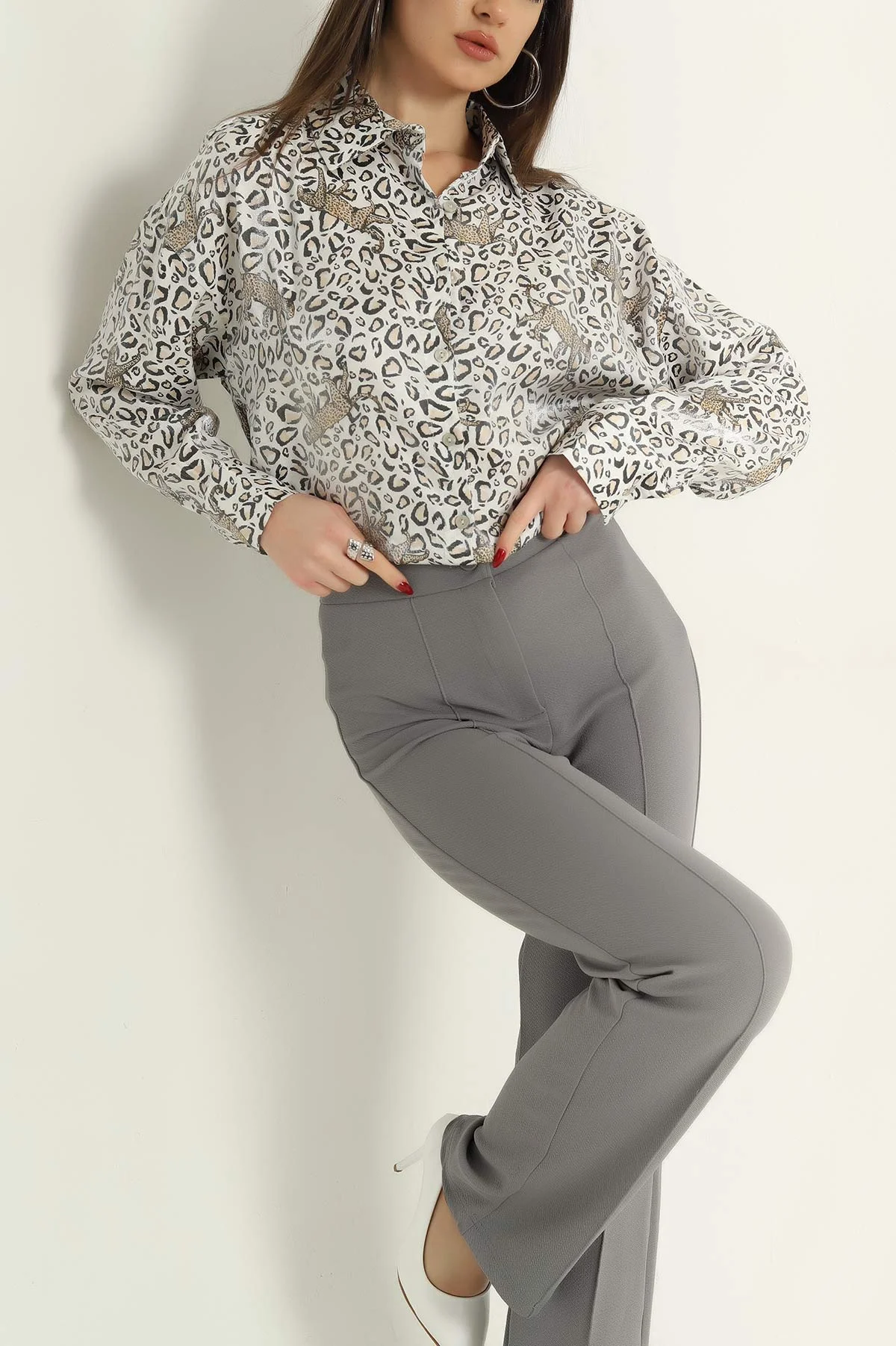 Saten Leopar Desenli Bayan Gömlek 333983