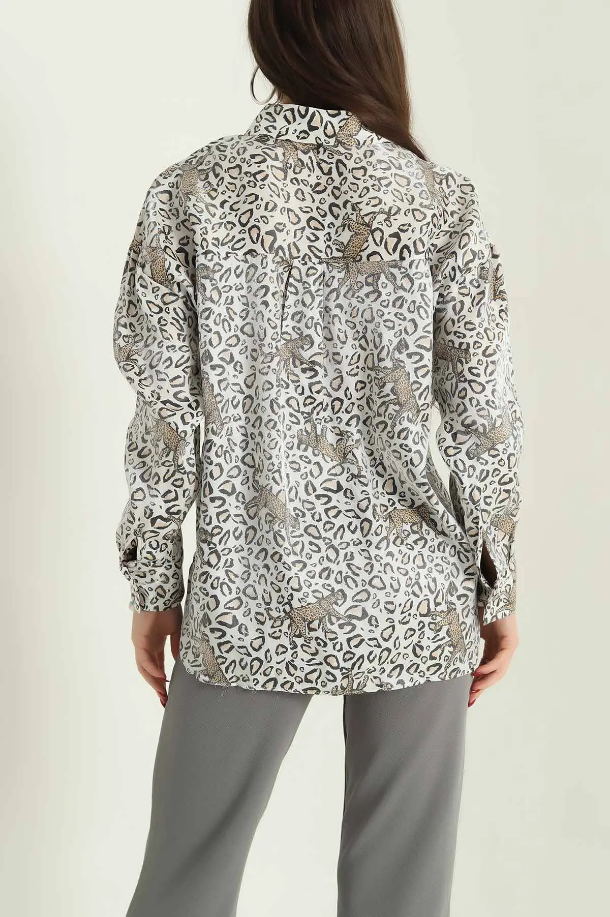 Saten Leopar Desenli Bayan Gömlek 333983