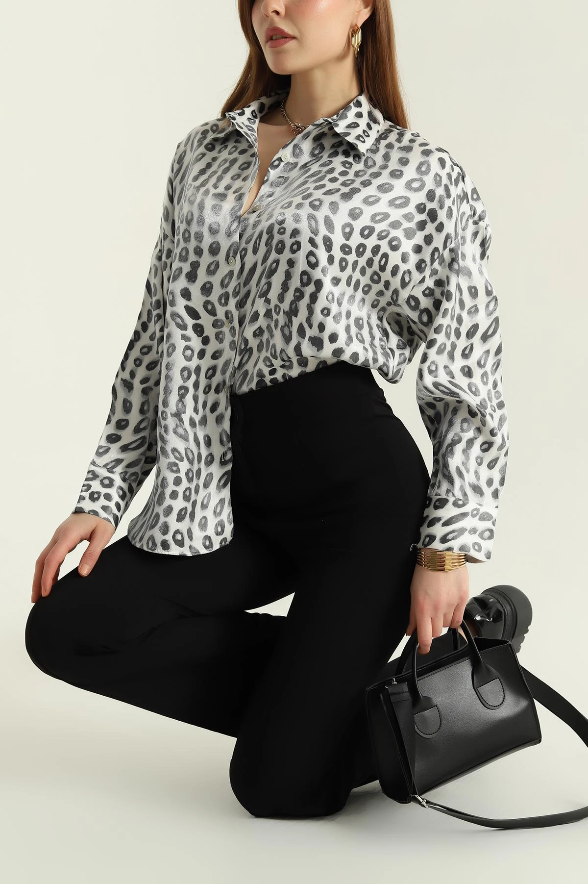 Saten Leopar Desenli Bayan Gömlek 333984