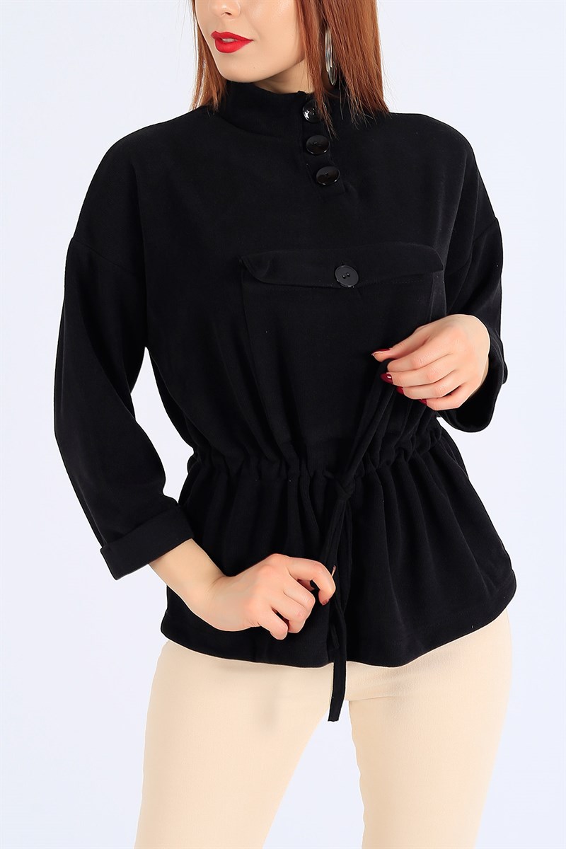 Selanik Kumaş Cepli Siyah Bayan Sweat 25327B