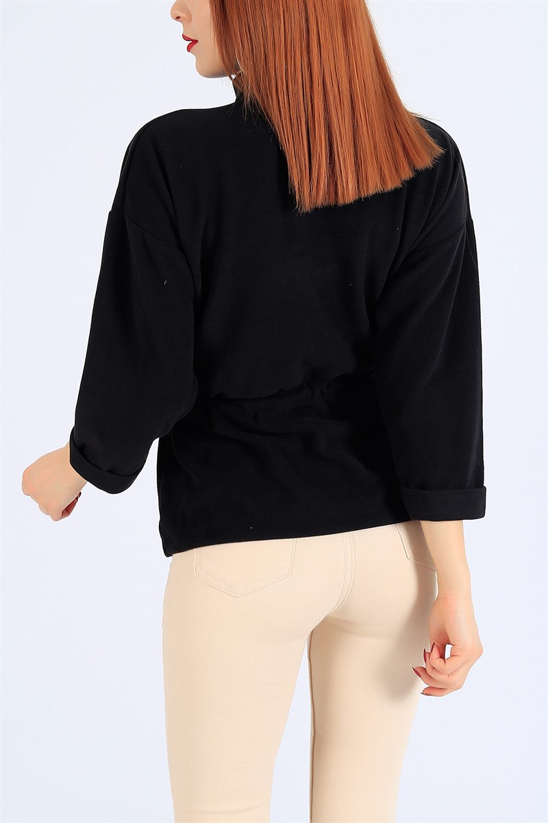 Selanik Kumaş Cepli Siyah Bayan Sweat 25327B
