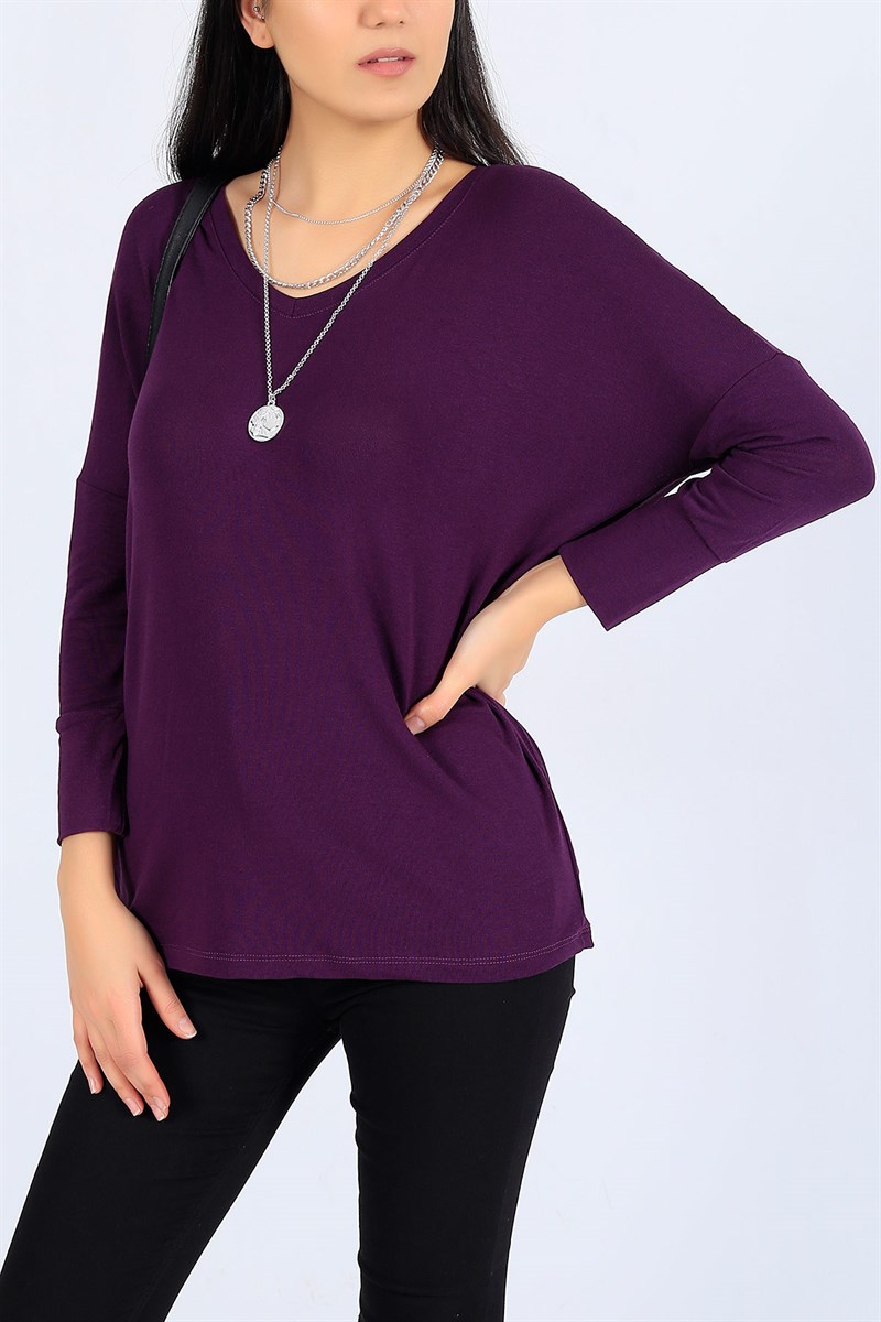 Mor V Yaka Likralı Bluz 25033B