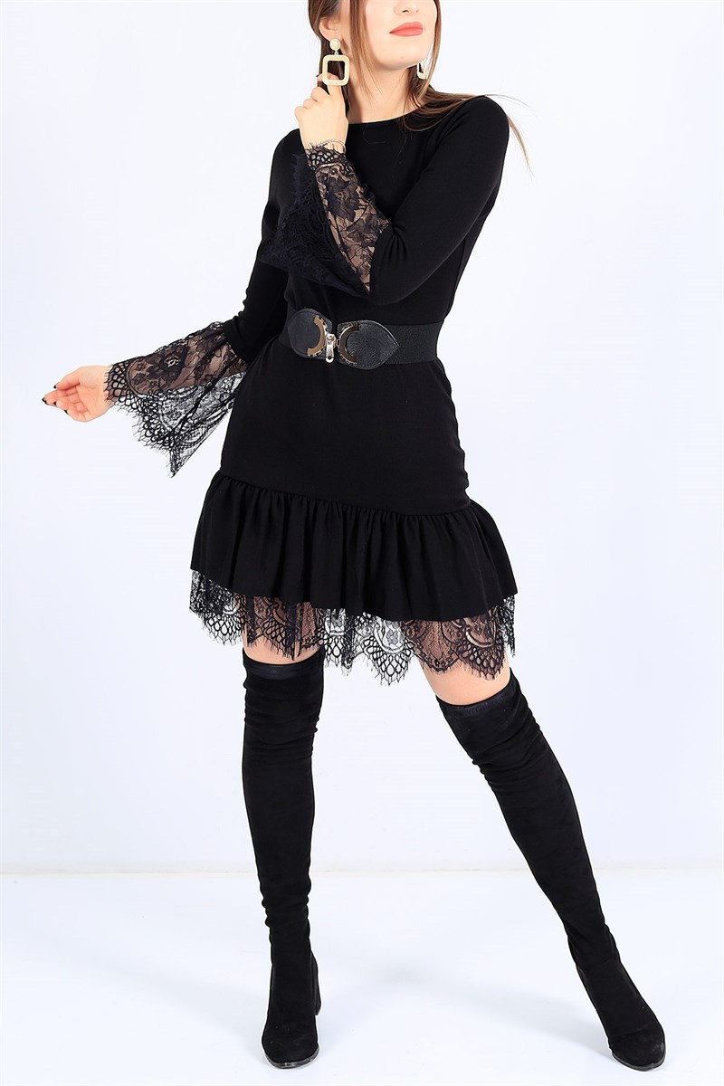 Selanik Kumaş Siyah Dantelli Triko Elbise 25059B