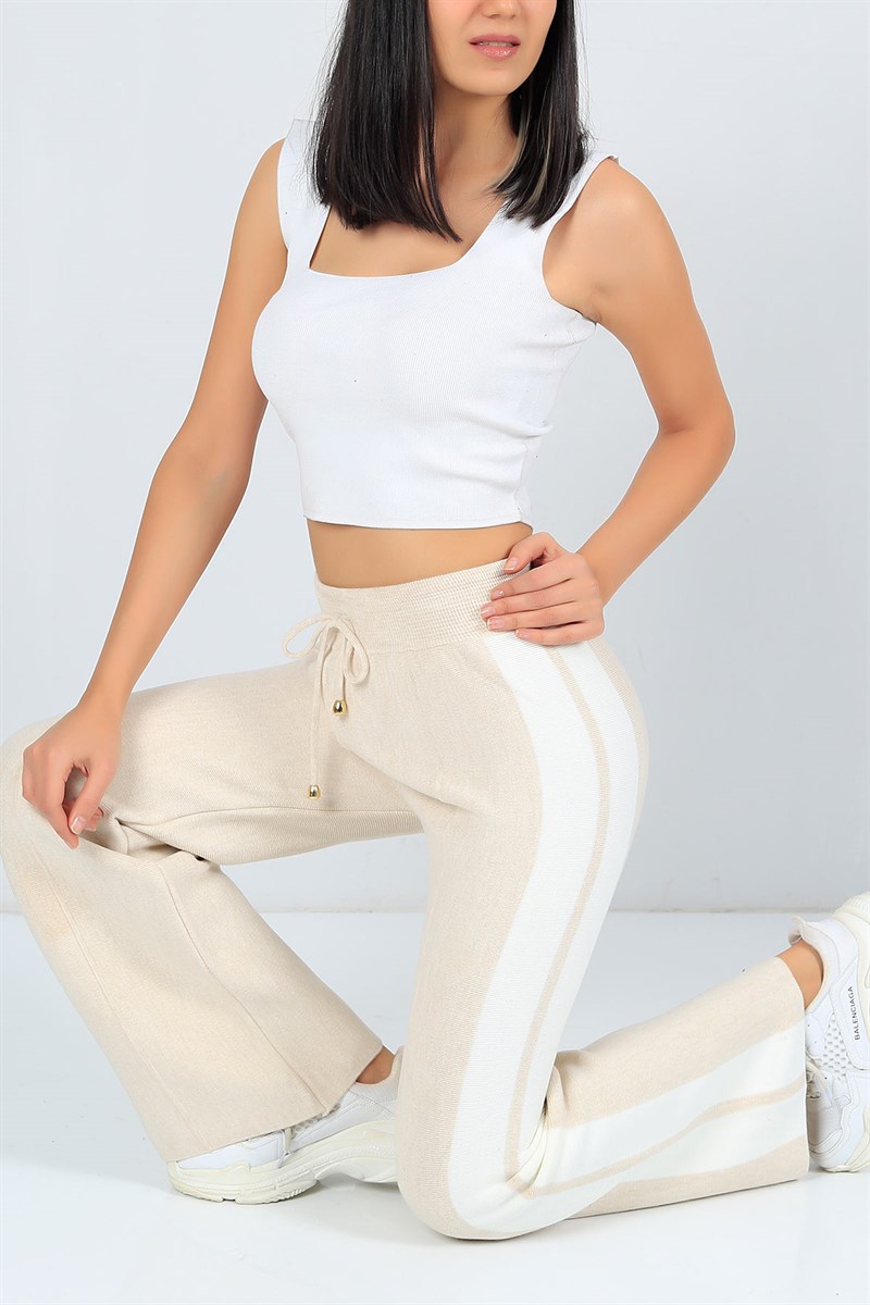 Şeritli Bej Bayan Triko Pantolon 23589B
