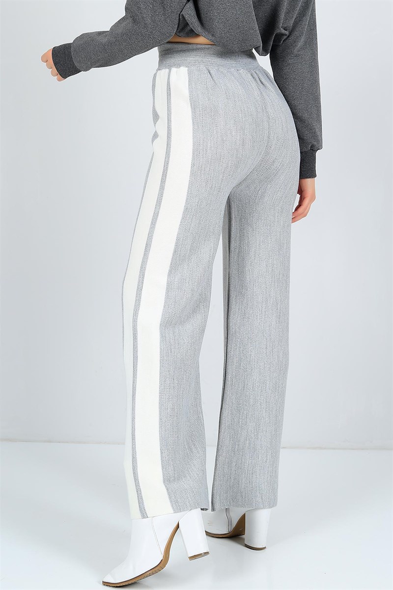 Şeritli Gri Bayan Triko Pantolon 23590B