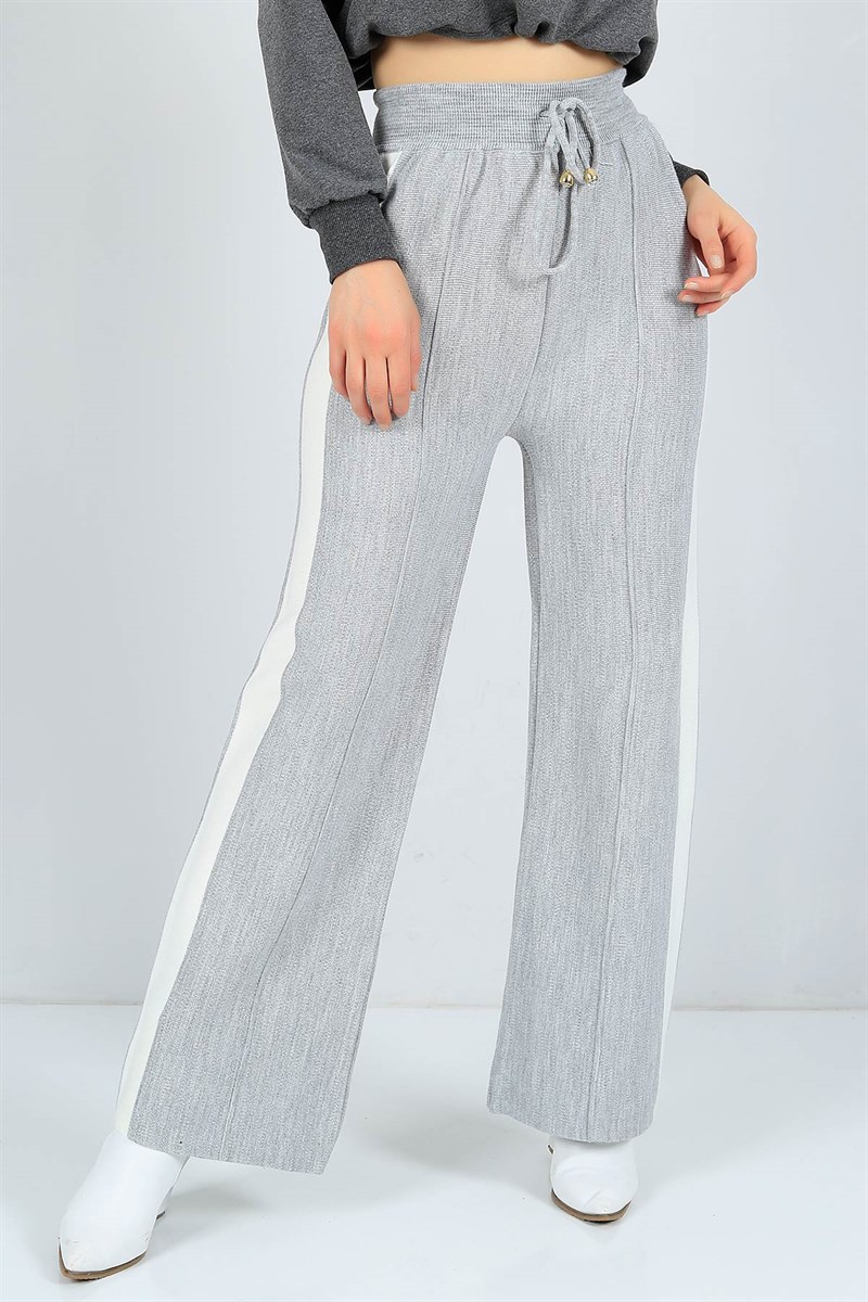 Şeritli Gri Bayan Triko Pantolon 23590B