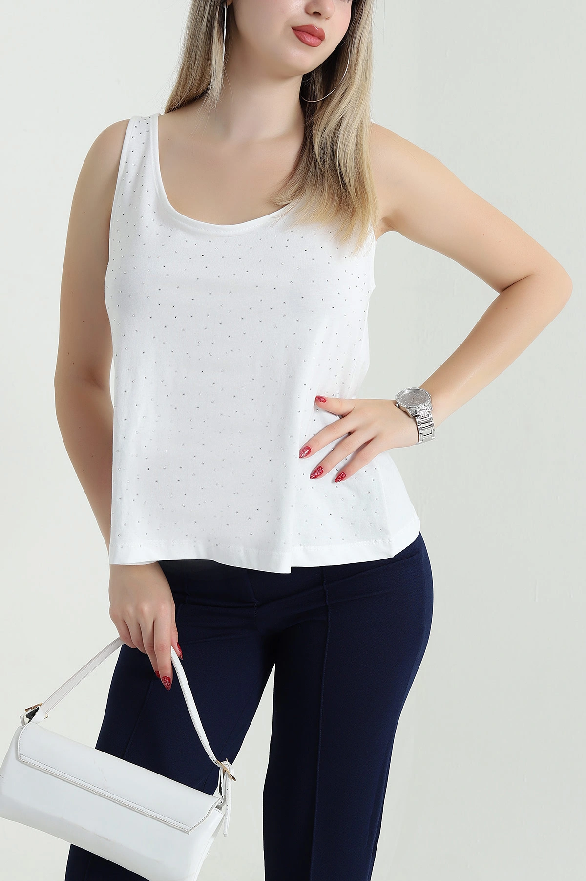 Serpme Taşlı Kadın Kolsuz Bluz 467794