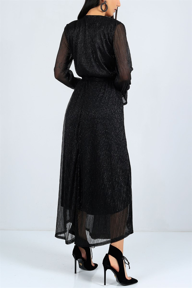 Sim Detaylı Siyah Bayan Şifon Elbise 23480B