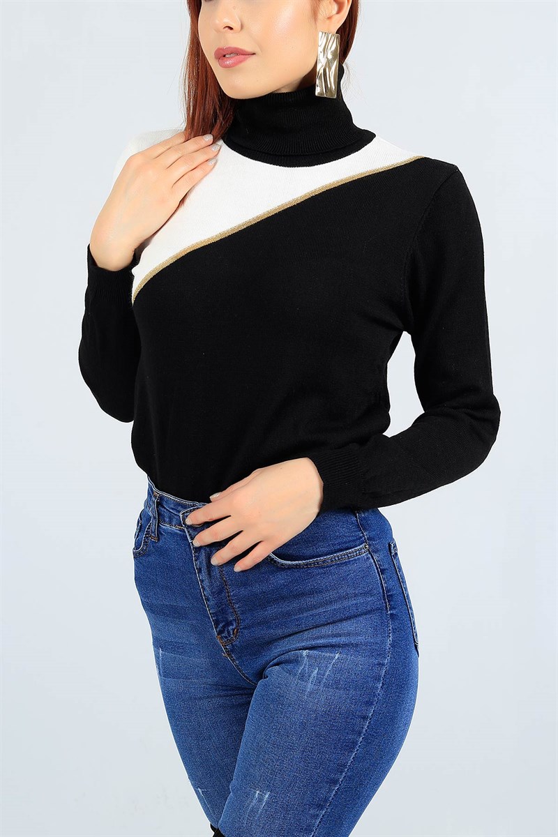 Sim Şeritli Siyah Bayan Triko Kazak 23264B