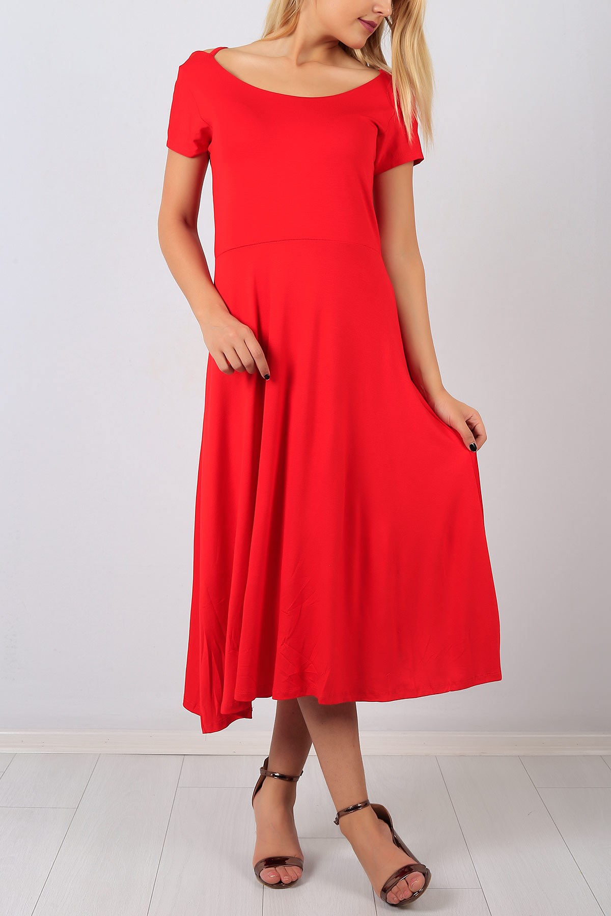 Sırt Çapraz Kırmızı Bayan Elbise 8557B