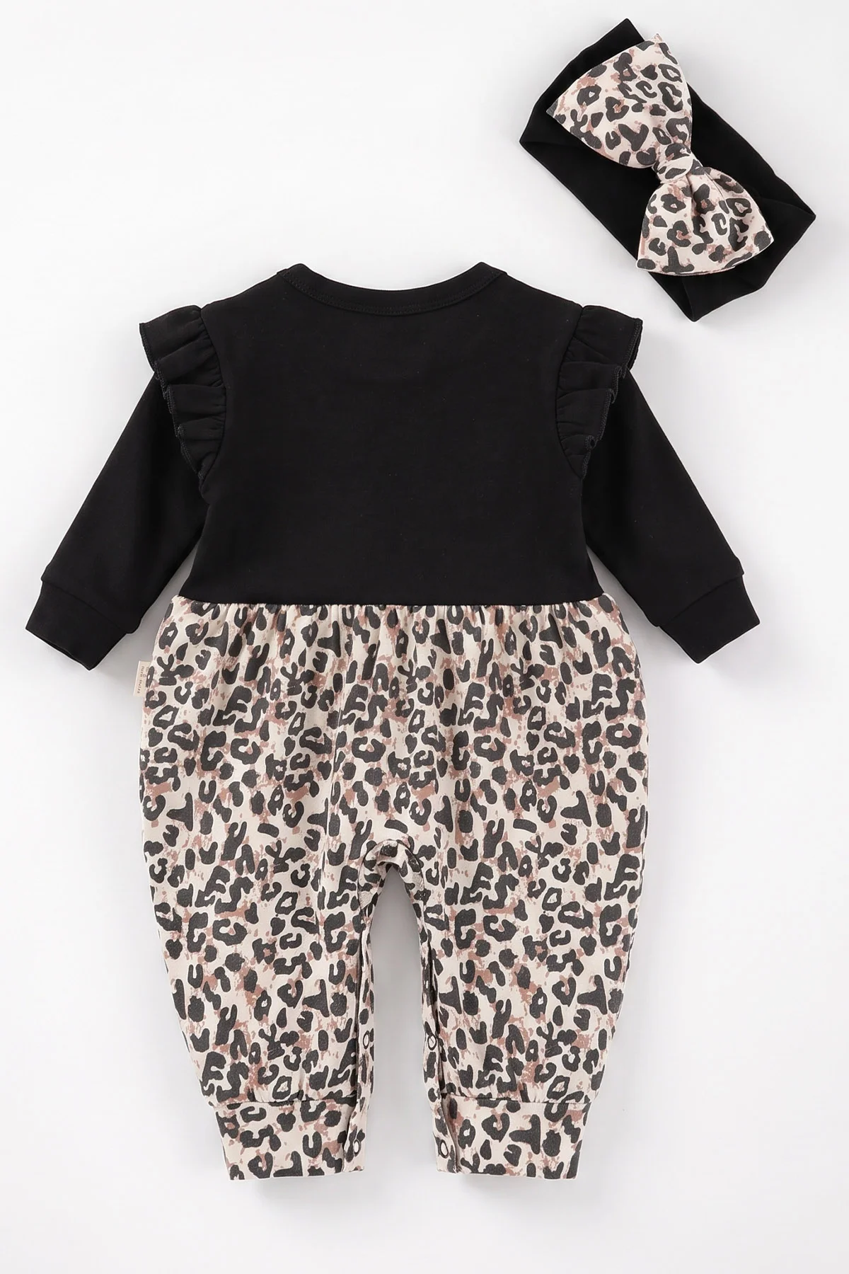 Siyah (0-9 Ay)Fiyonklu Leopar Desen Kalp Nakışlı Omuzdan Fırfırlı ve Bandanalı Kız Bebek Tulum 475997