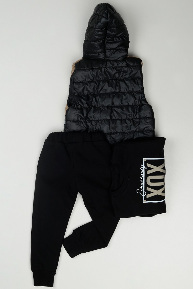Siyah (1-8 Yaş) XOX Baskılı Yelekli Erkek Çocuk Üçlü Takım 85186