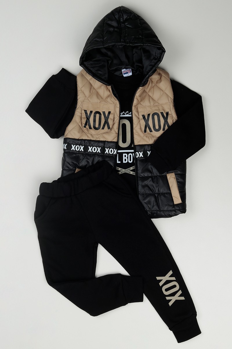 Siyah (1-8 Yaş) XOX Baskılı Yelekli Erkek Çocuk Üçlü Takım 85186