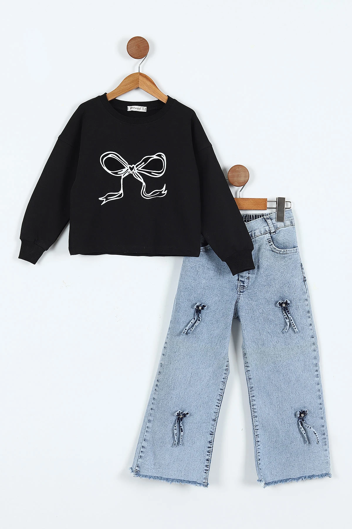 Siyah (1-9 Yaş) Fiyonk Baskılı Sweatli Kot Pantolonlu Kız Çocuk 2'li Tkaım 410313
