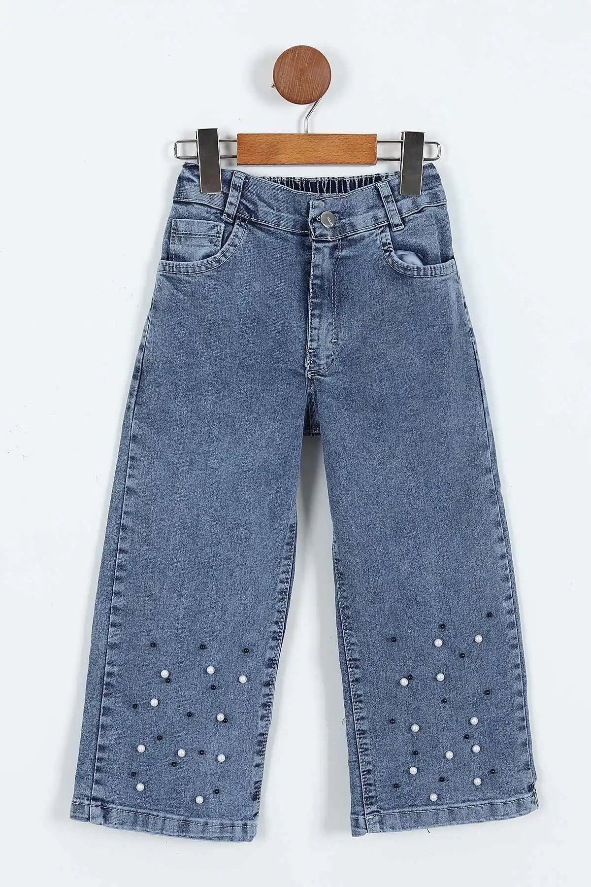 Siyah (1-9 Yaş) İnci İşlemeli Kot Pantolonlu 2 İp Kız Çocuk Takım 413472