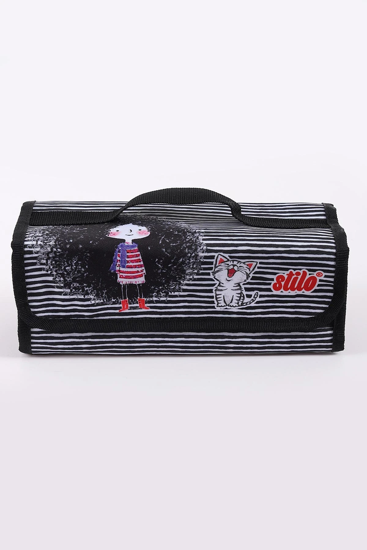 Siyah 10x25 Cm Stilo Kumaş Desenli 4 Gözlü Çantalı Kalem Kutu 441702