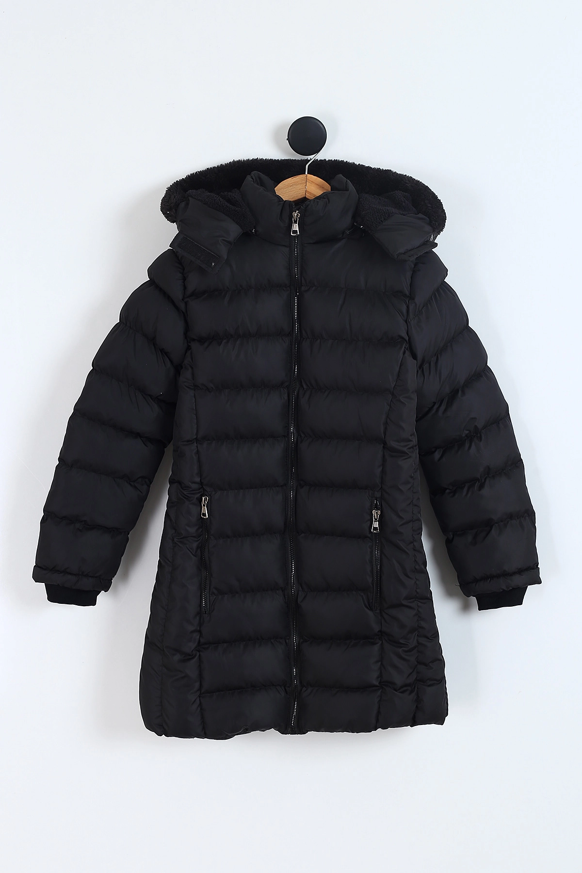 Siyah (11-14 Yaş) Kapüşon Peluşlu İçi Kürklü Kız Çocuk Mont 309317