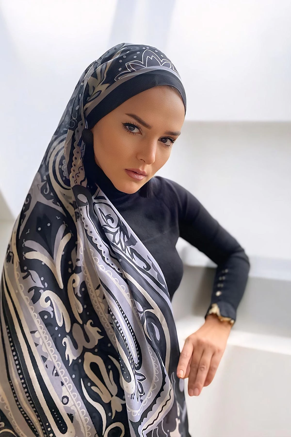 Siyah 180x70 Etnik Desen Dijital Baskılı Pamuk Şal 323057