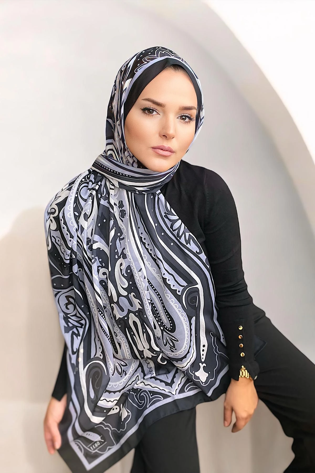 Siyah 180x70 Etnik Desen Dijital Baskılı Pamuk Şal 323057