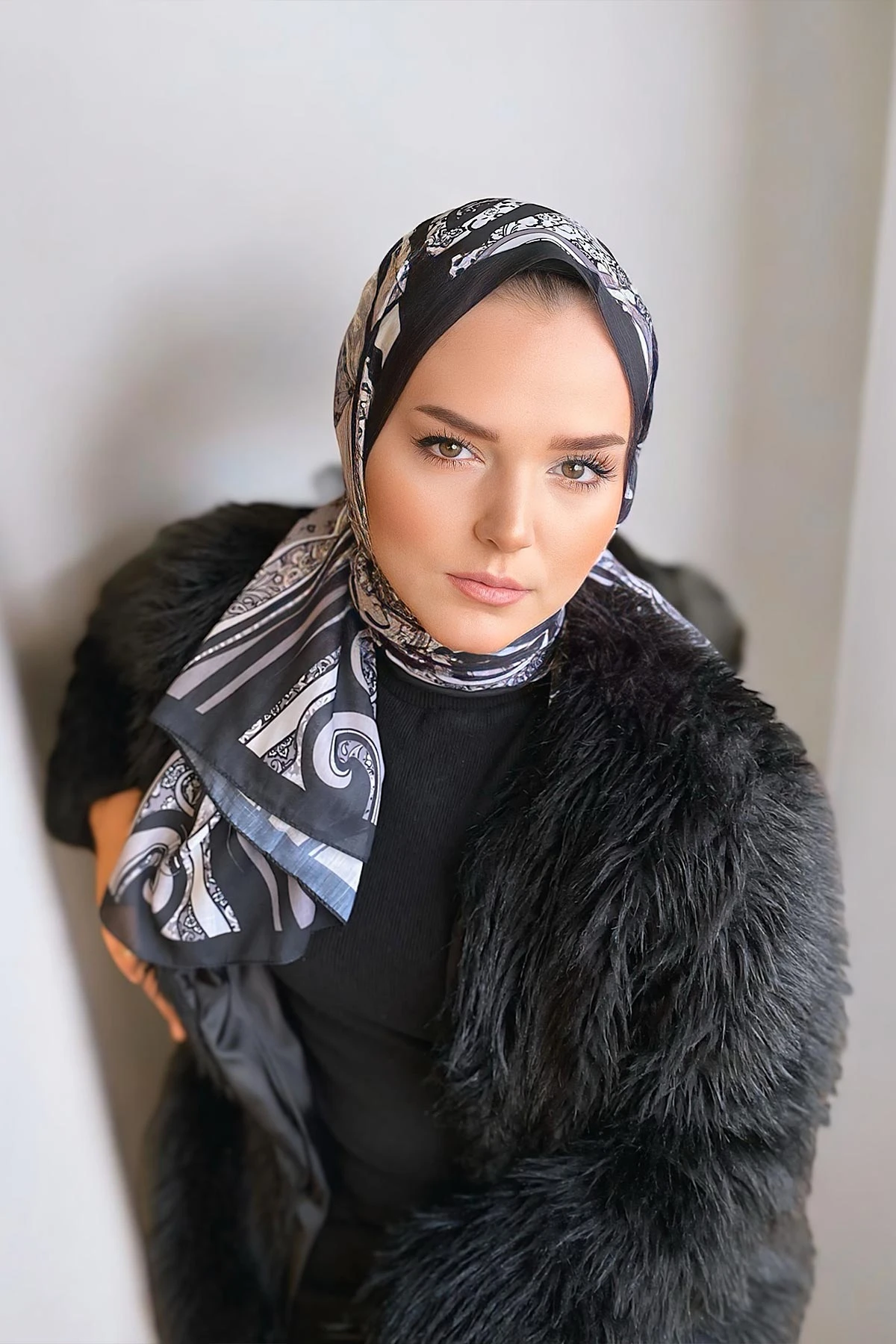 Siyah 180x70 Etnik Desen Dijital Baskılı Pamuk Şal 323060