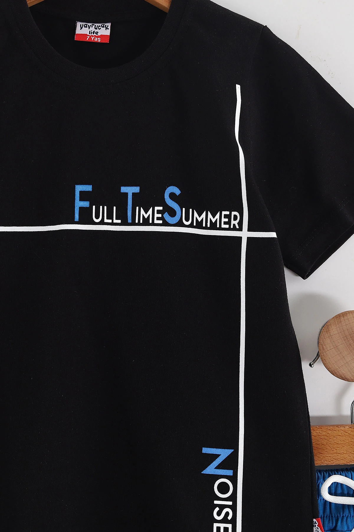 Siyah (2-10 Yaş) Full Time Summer Baskılı Cep Detaylı  Şortlu Penye Erkek Çocuk Yazlık Takım 437845