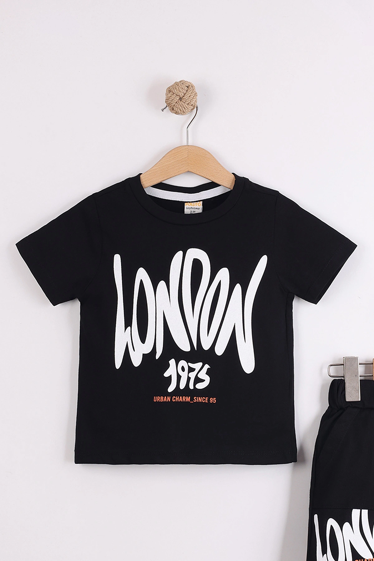 Siyah (2-10 Yaş) London Baskılı Cepli Şortlu Penye Erkek Çocuk Yazlık 2'li Takım 454623