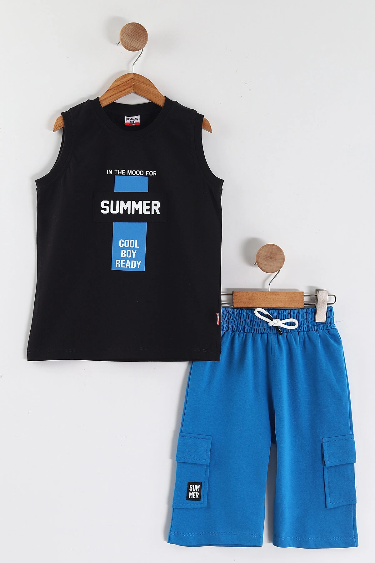 Siyah (2-10 Yaş) Summer Baskılı Sıfır Kol   ve Şortlu Süprem Erkek Çocuk Yazlık Takım 446474