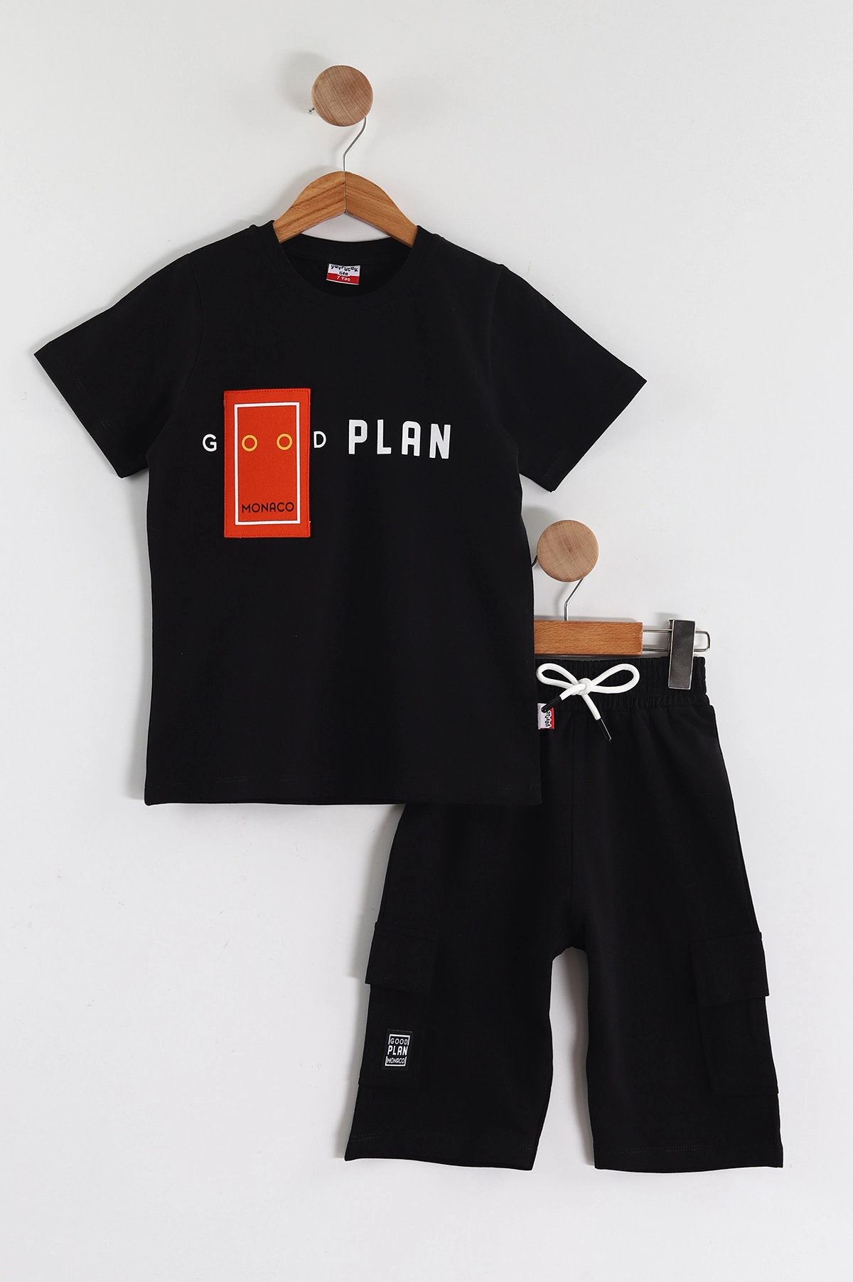 Siyah (2-10 Yaş)Good Plan Baskılı Cepli Şortlu Penye Erkek Çocuk Yazlık Takım 437760