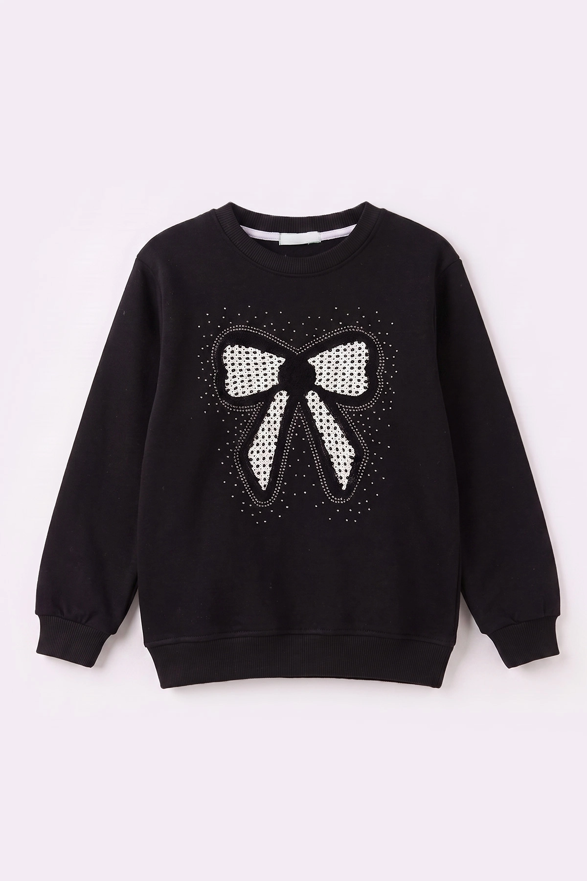 Siyah (2-12 Yaş) Fiyonk Nakışlı Taşlı  İçi Şardonlu Kız Çocuk Sweatshirt 483278