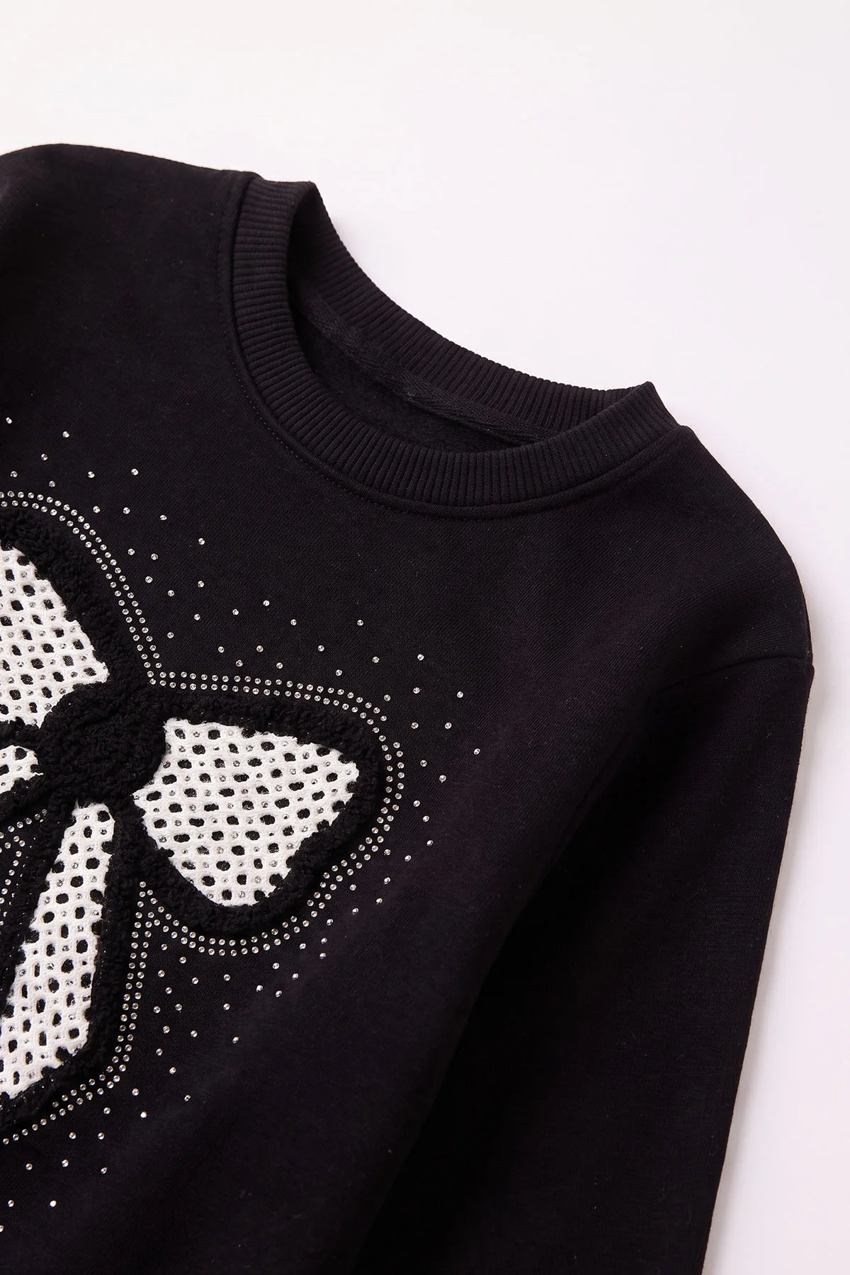 Siyah (2-12 Yaş) Fiyonk Nakışlı Taşlı  İçi Şardonlu Kız Çocuk Sweatshirt 483278