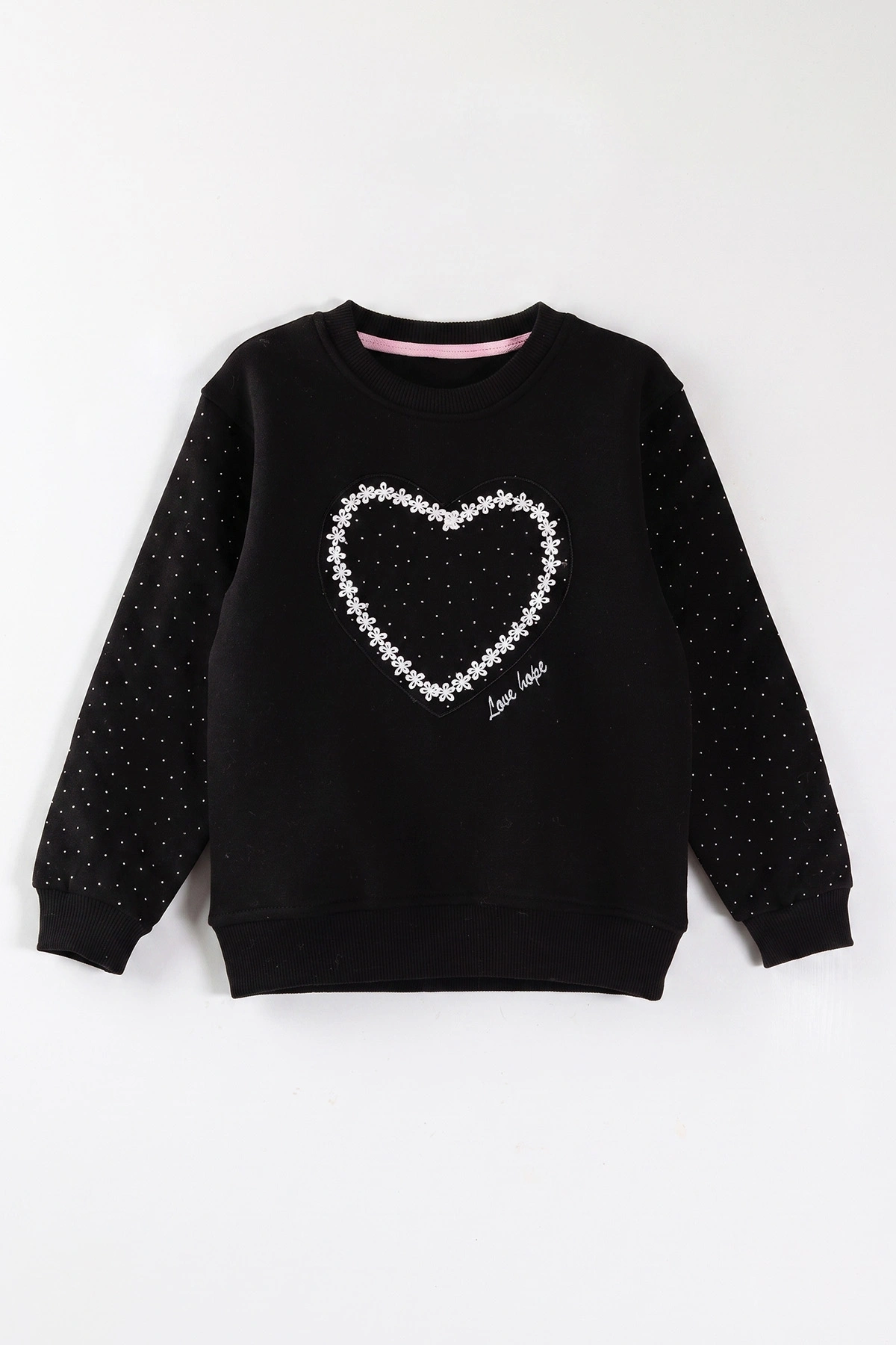 Siyah (2-12 Yaş) Kalp Nakışlı Taşlı İçi Şardonlu Kız Çocuk Sweatshirt 483264