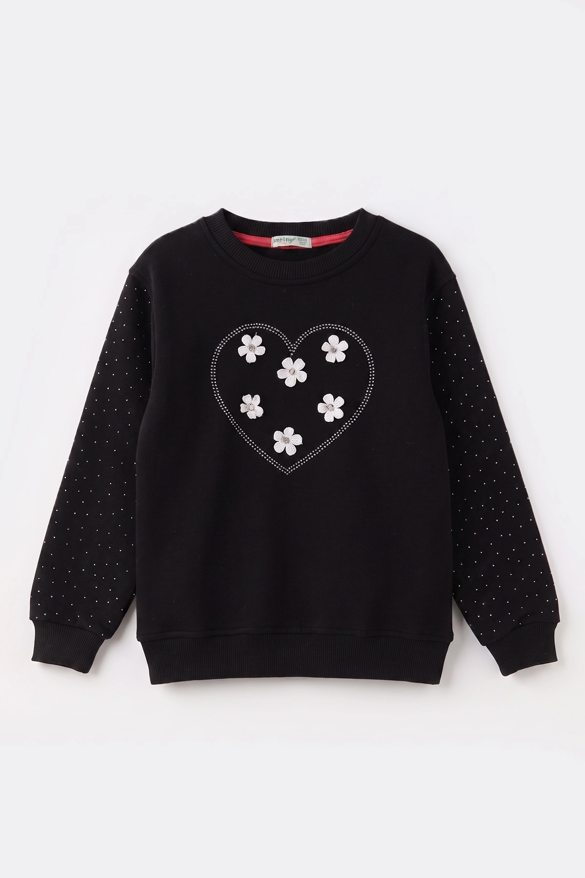 Siyah (2-12 Yaş) Kalpli Çiçek Nakışlı Taşlı  İçi Şardonlu Kız Çocuk Sweatshirt 483287