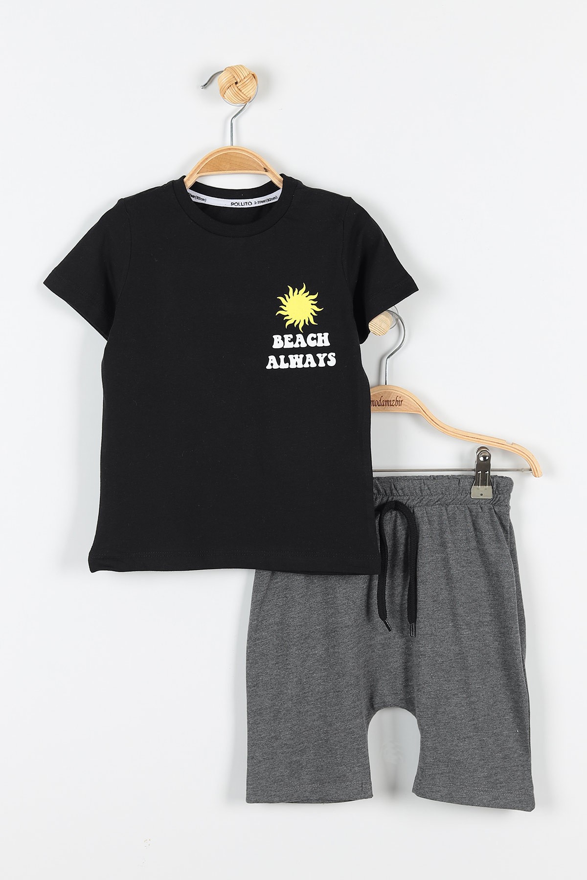 Siyah (2-5 Yaş) Beach Always Baskılı Şortlu Erkek Çocuk Takım 173619