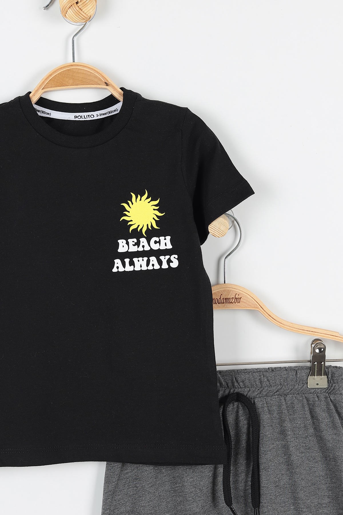 Siyah (2-5 Yaş) Beach Always Baskılı Şortlu Erkek Çocuk Takım 173619