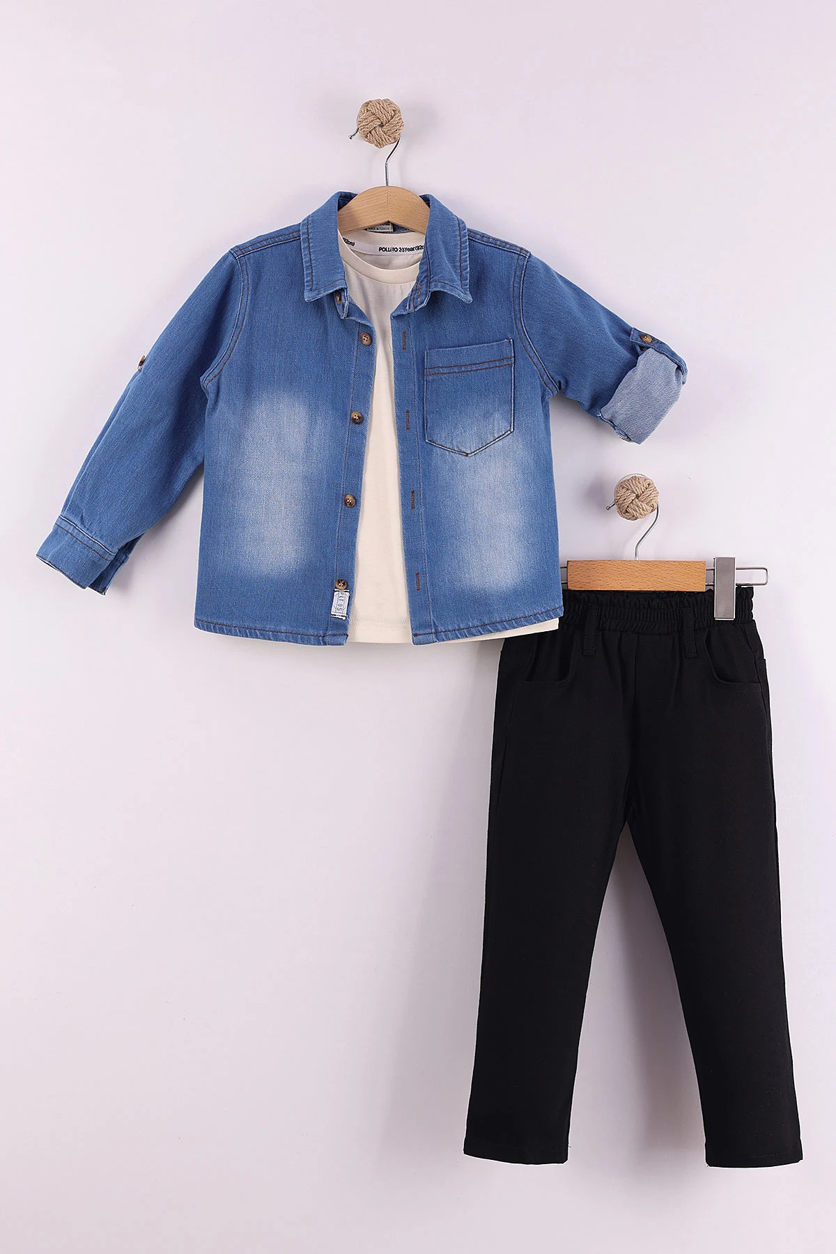 Siyah (2-5 Yaş)Kot Gömlekli Tişörtlü Gabardin Pantolonlu Erkek Çocuk 3'lü Takım 434392