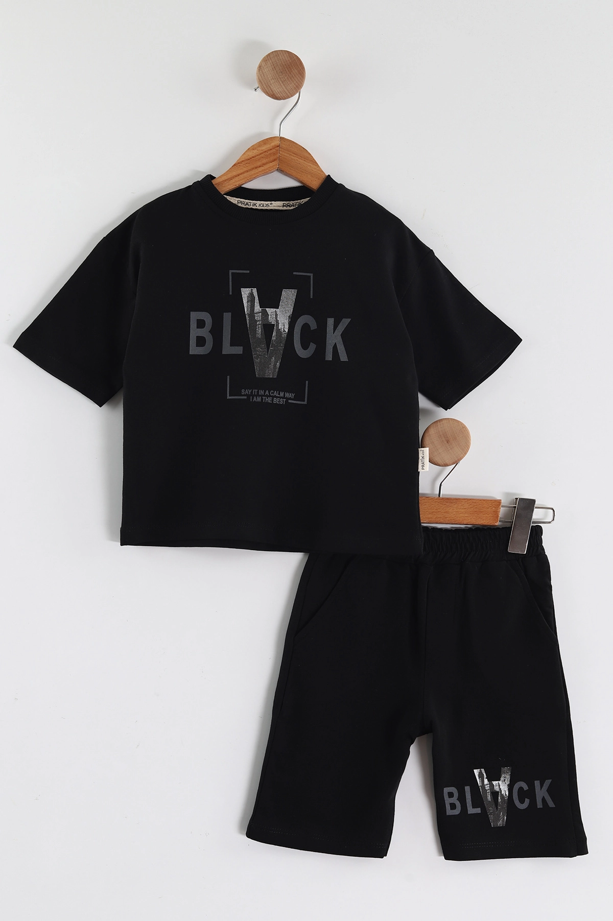 Siyah (2-6 Yaş) Black Baskılı Şortlu Süprem Erkek Çocuk Yazlık Takım 438072