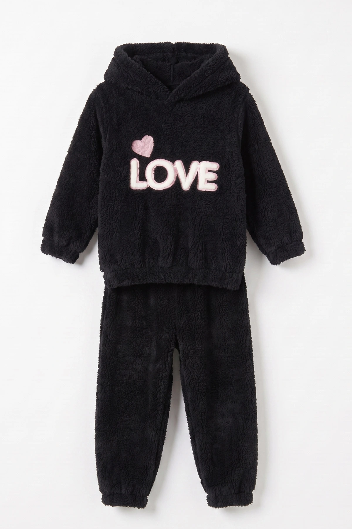 Siyah (2-7 Yaş) Love Nakışlı Kapüşonlu Peluş Kız Çocuk Kışlık Takım 483209