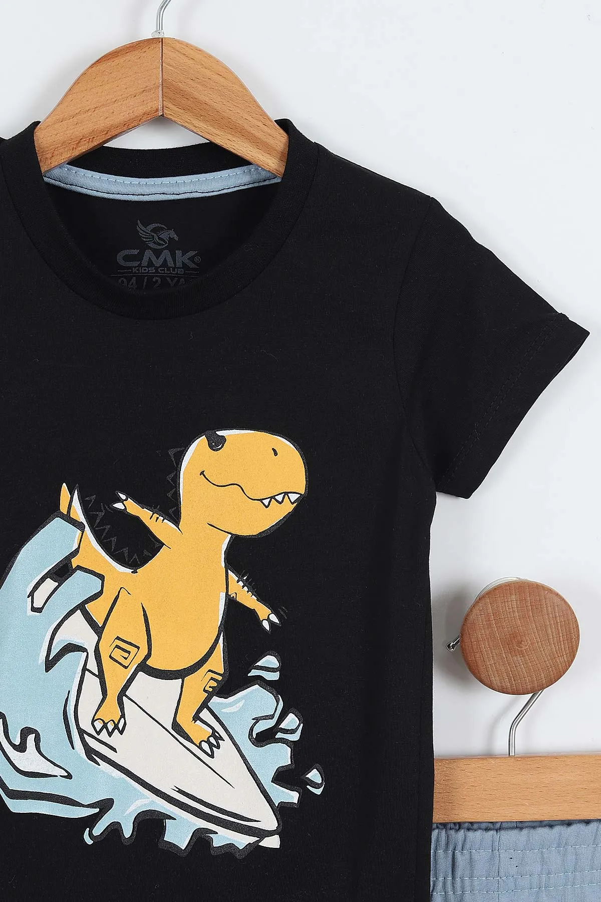 Siyah (2-9 Yaş)Dinozor  Baskılı Şortlu Erkek Çocuk Yazlık Takım 354110
