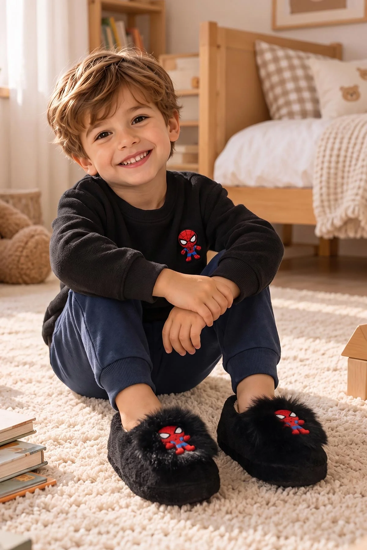 Siyah ( 25 - 30 ) Peluş Figürlü Erkek Çocuk Panduf 495166